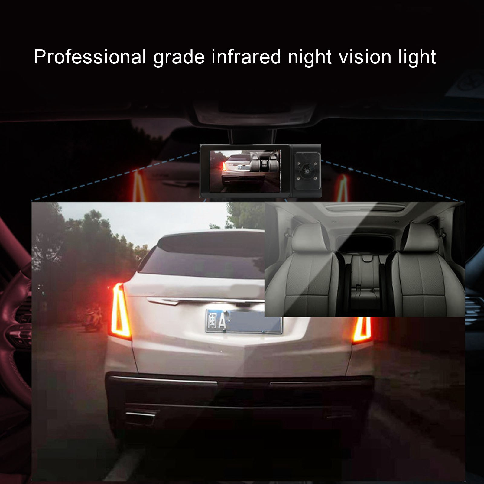 Autoheck mit Armaturenbrett-Display. Innenraum und Nachtszene mit roten Rückleuchten. Dashcam an der Decke des Autos montiert.