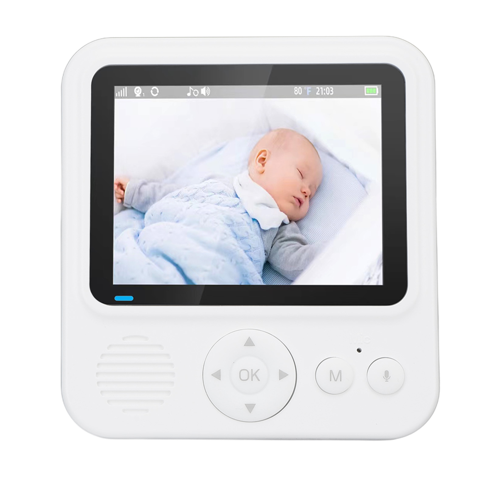 Babyphone mit schlafendem Baby im Bett. Monitor hat weißen Rahmen, Steuertasten und Lautsprecher.