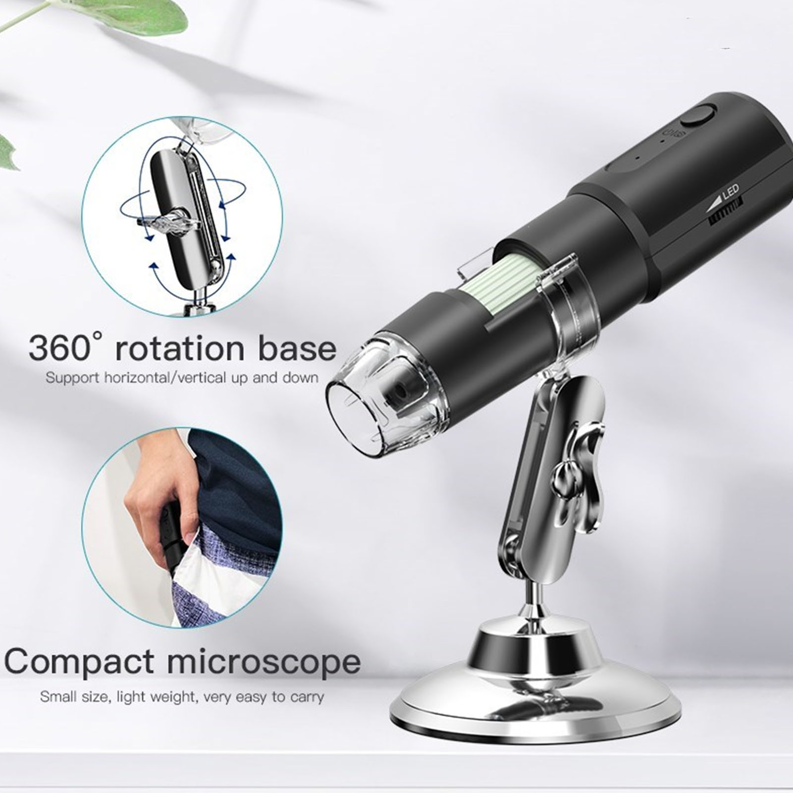 Ein kompaktes schwarzes Mikroskop mit 360°-Drehbasis. Es hat eine LED-Leuchte und ist leicht zu transportieren.