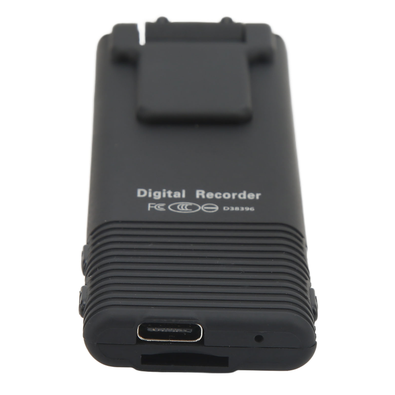 Ein schwarzes digitales Aufnahmegerät mit Clip. Es hat einen USB-Anschluss und den Text 'Digital Recorder'.