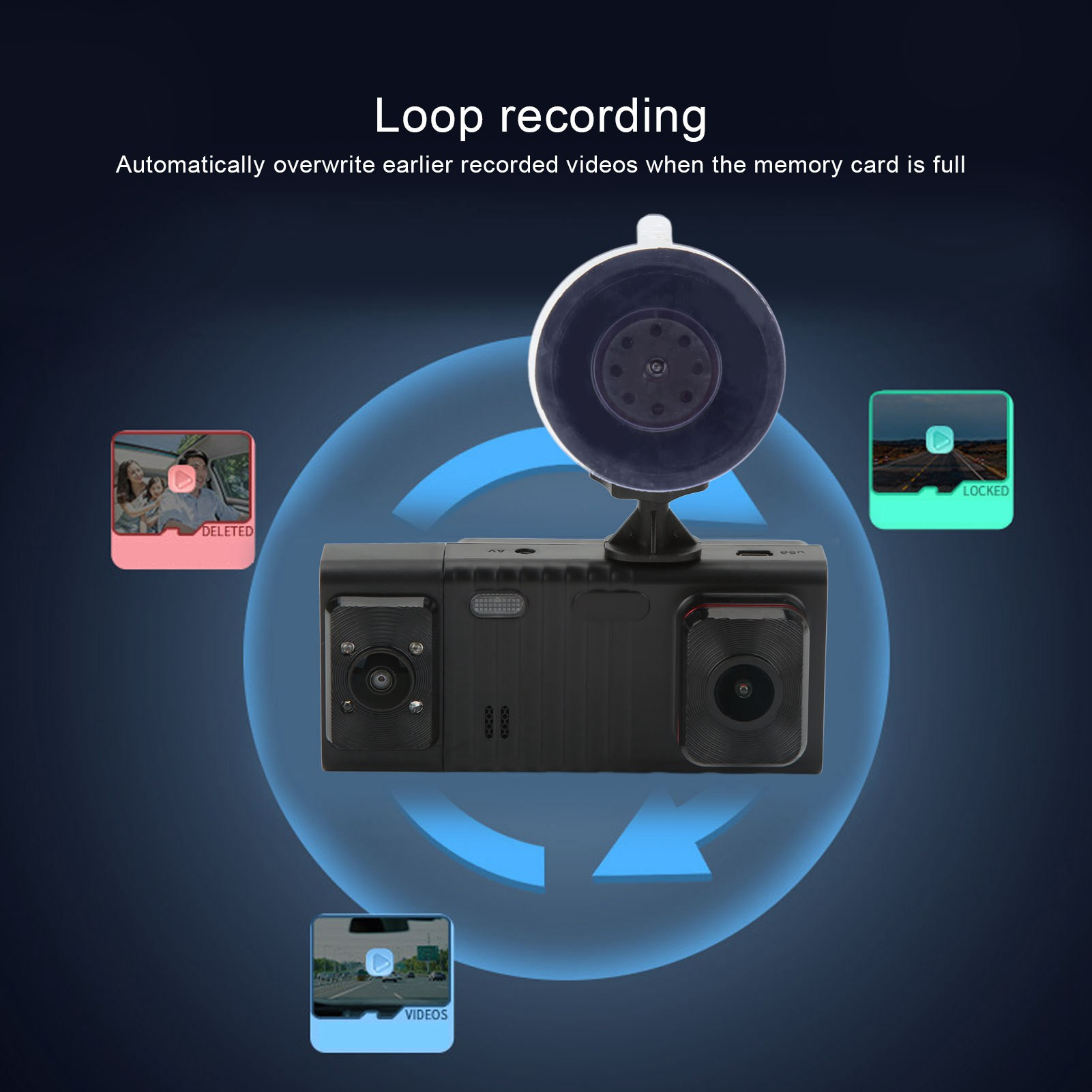 Schwarze Dashcam mit Saugnapf, die Loop-Aufnahme zeigt. Symbole für gelöschte, gesperrte und Videodateien sind vorhanden.