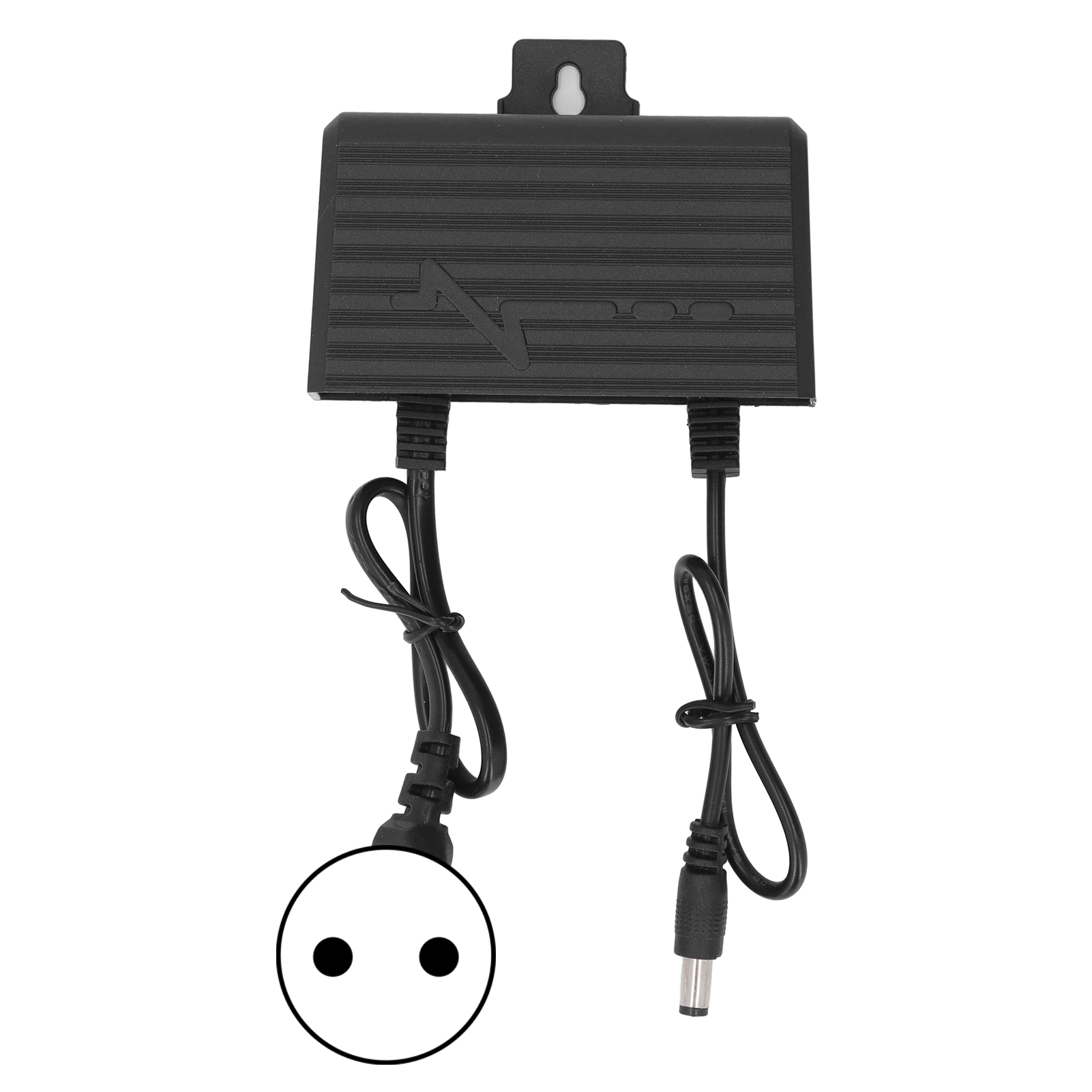 Schwarzer Netzadapter mit zwei Kabeln und einem Stecker. Er hat ein Logo und ist vor weißem Hintergrund.