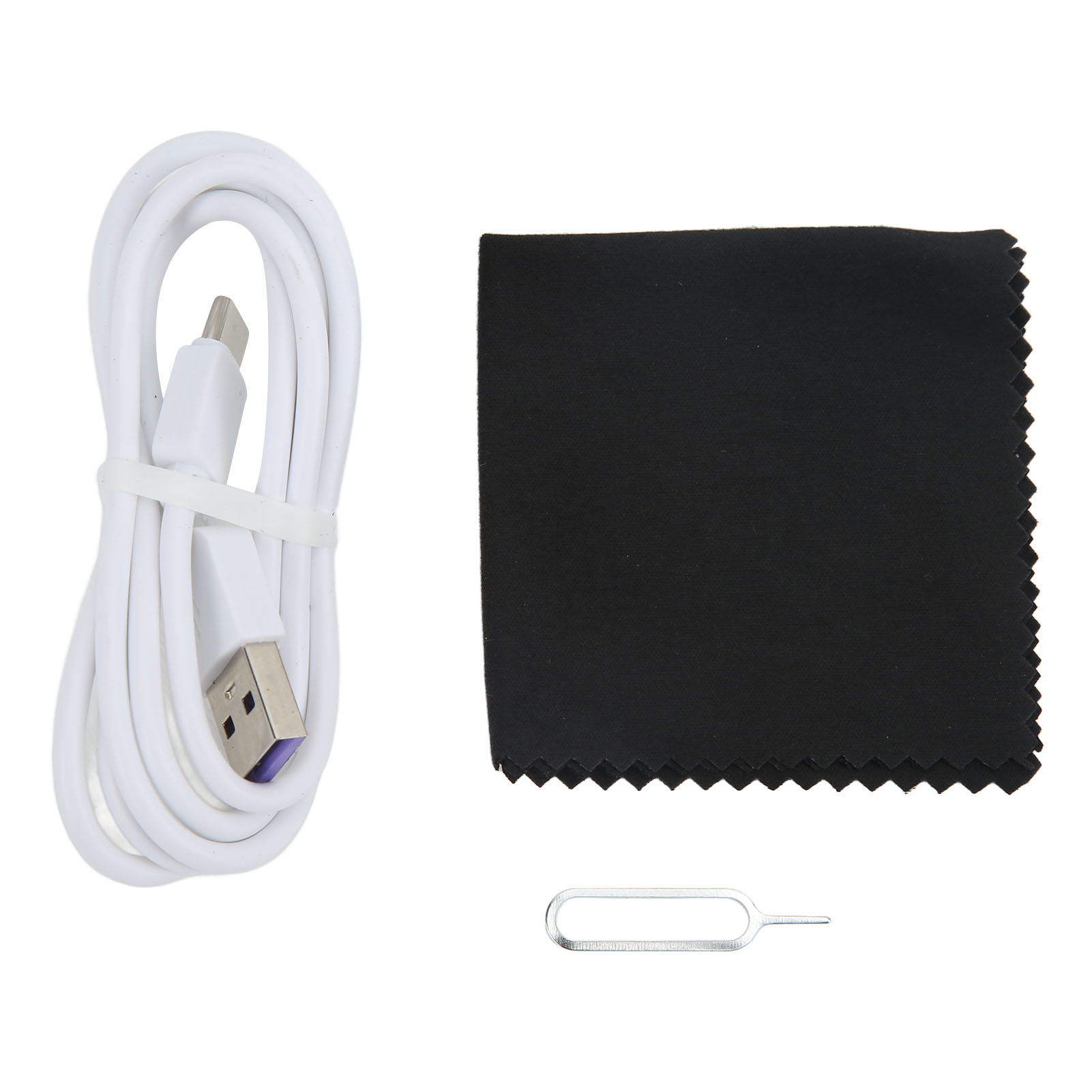 Weißes USB-Kabel, schwarzes Tuch und ein SIM-Karten-Auswurfwerkzeug auf weißem Hintergrund.