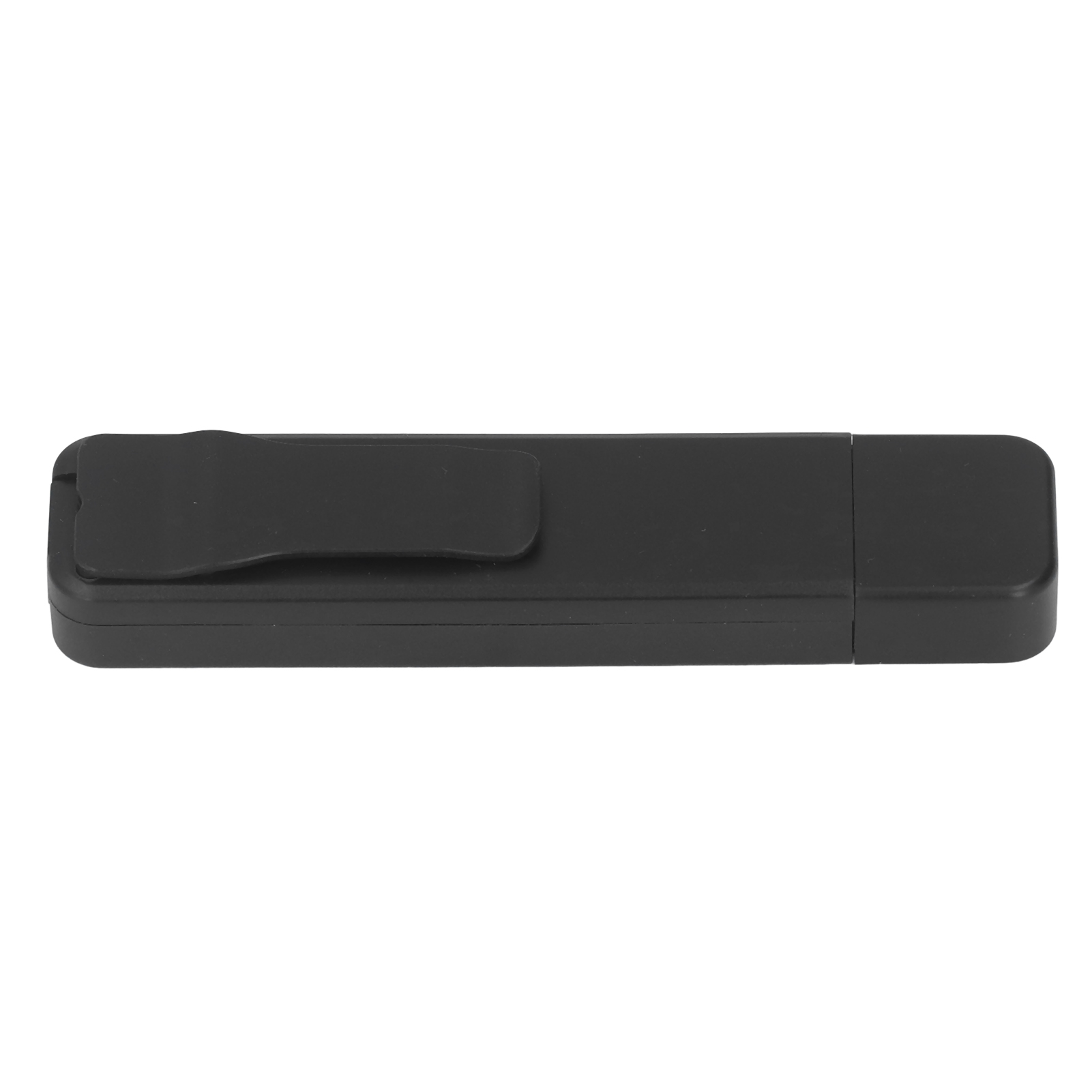 Ein schwarzes rechteckiges Objekt mit einem Clip oben, möglicherweise ein USB-Stick oder ein ähnliches Gerät, vor weißem Hintergrund.