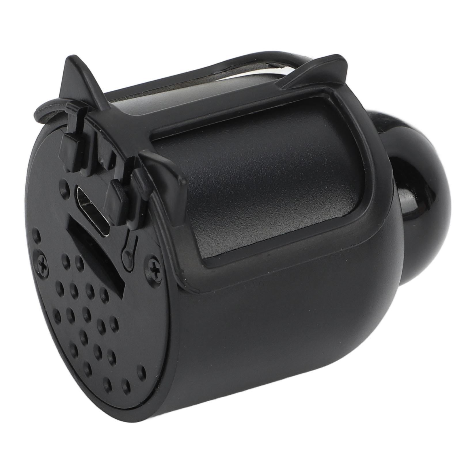Ein schwarzes Gerät mit runden und rechteckigen Formen. Es hat einen USB-Anschluss, Lüftungsschlitze und eine glänzende, abgerundete Seite.