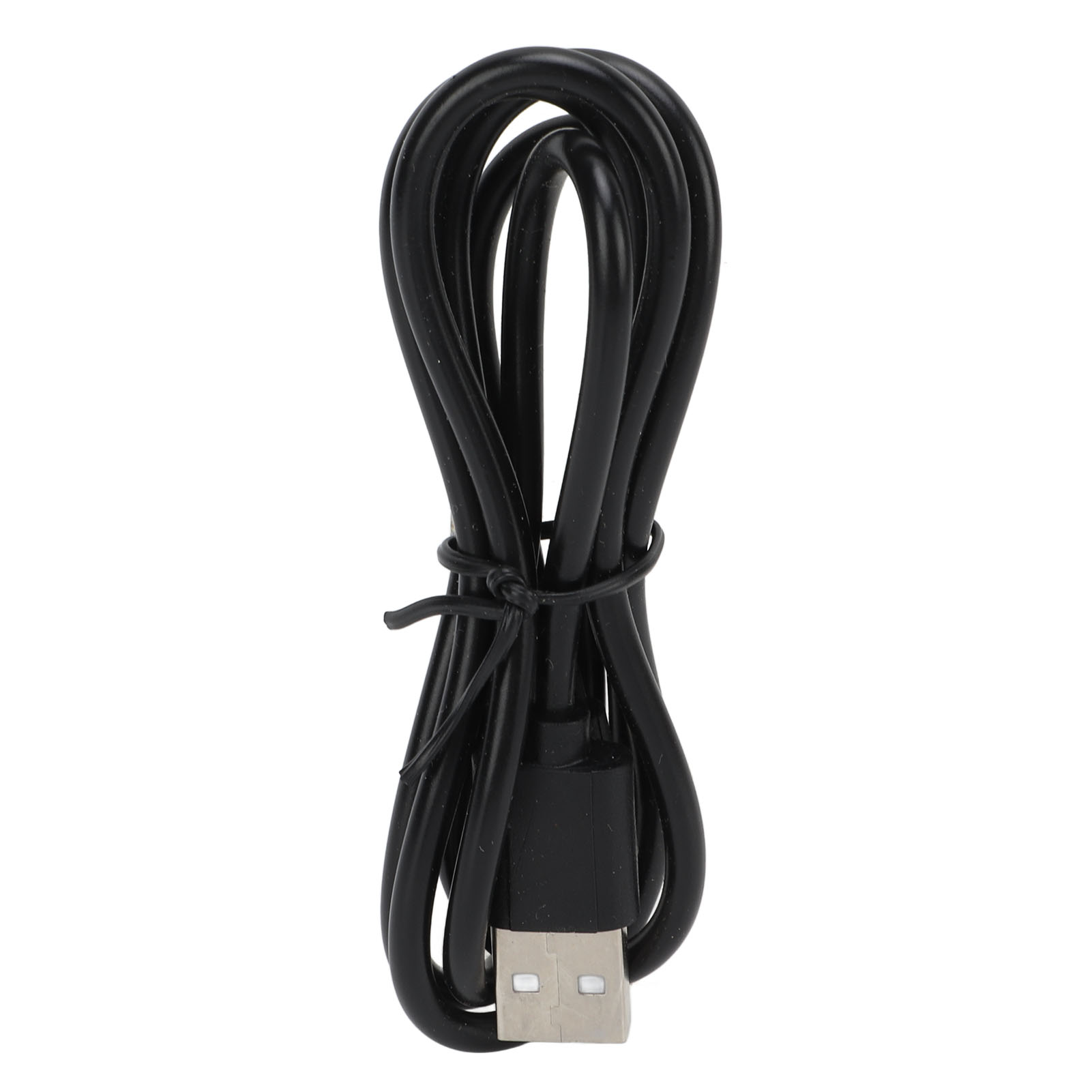 Schwarzes USB-Kabel, aufgerollt und gebunden, auf weißem Hintergrund. Der USB-Anschluss ist sichtbar.