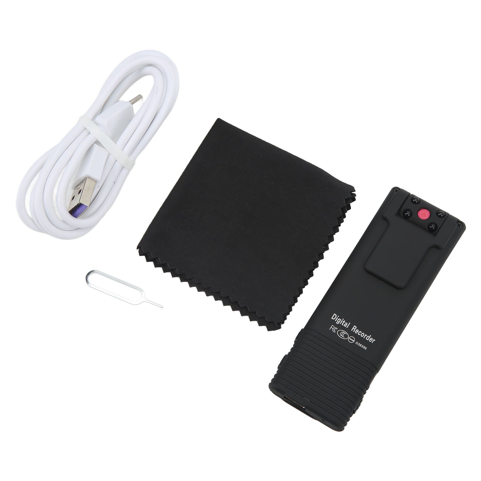 Auf weißem Hintergrund befinden sich ein schwarzer Digitalrekorder, ein Tuch, ein SIM-Werkzeug und ein weißes USB-Kabel.
