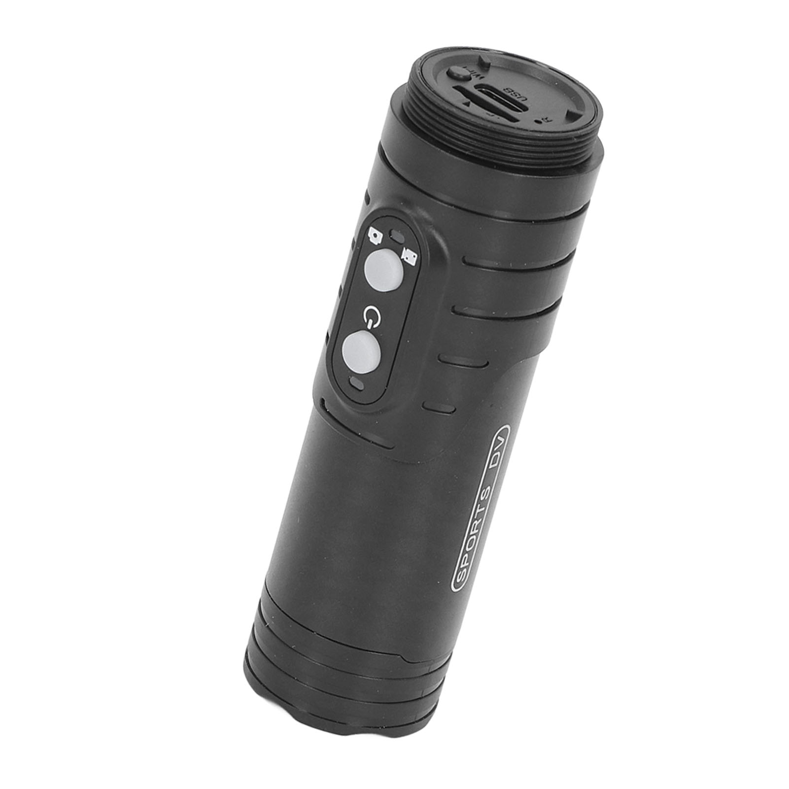 Eine schwarze Sport-DV-Kamera, zylindrisch, mit sichtbaren Knöpfen und Anschlüssen.