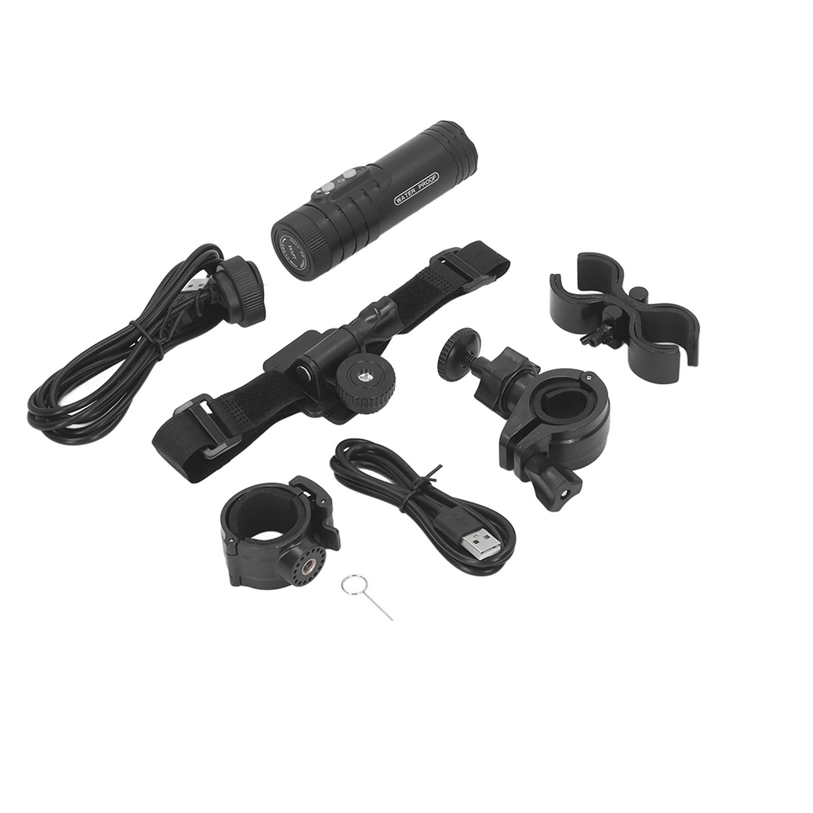 Eine schwarze Action-Kamera mit Zubehör wie Halterungen, Gurten und einem USB-Kabel, angeordnet auf weißem Untergrund.