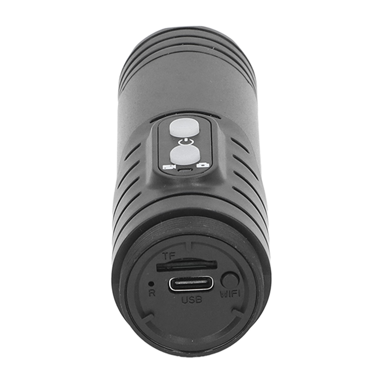 Schwarzes zylindrisches Gerät mit Knöpfen, USB- und TF-Kartensteckplatz. Hat WLAN- und Betriebsanzeigen.