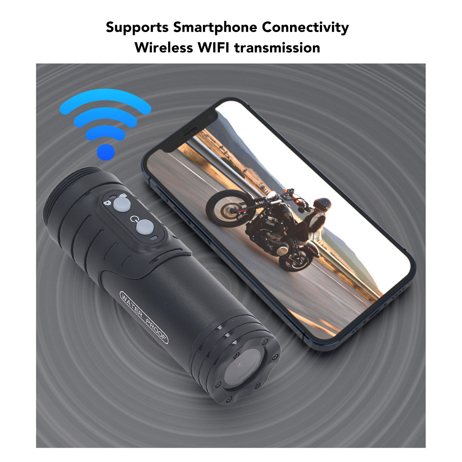 Schwarze Kamera neben Smartphone mit Motorrad. WLAN-Symbol oben. Text: Unterstützt Smartphone-Konnektivität.