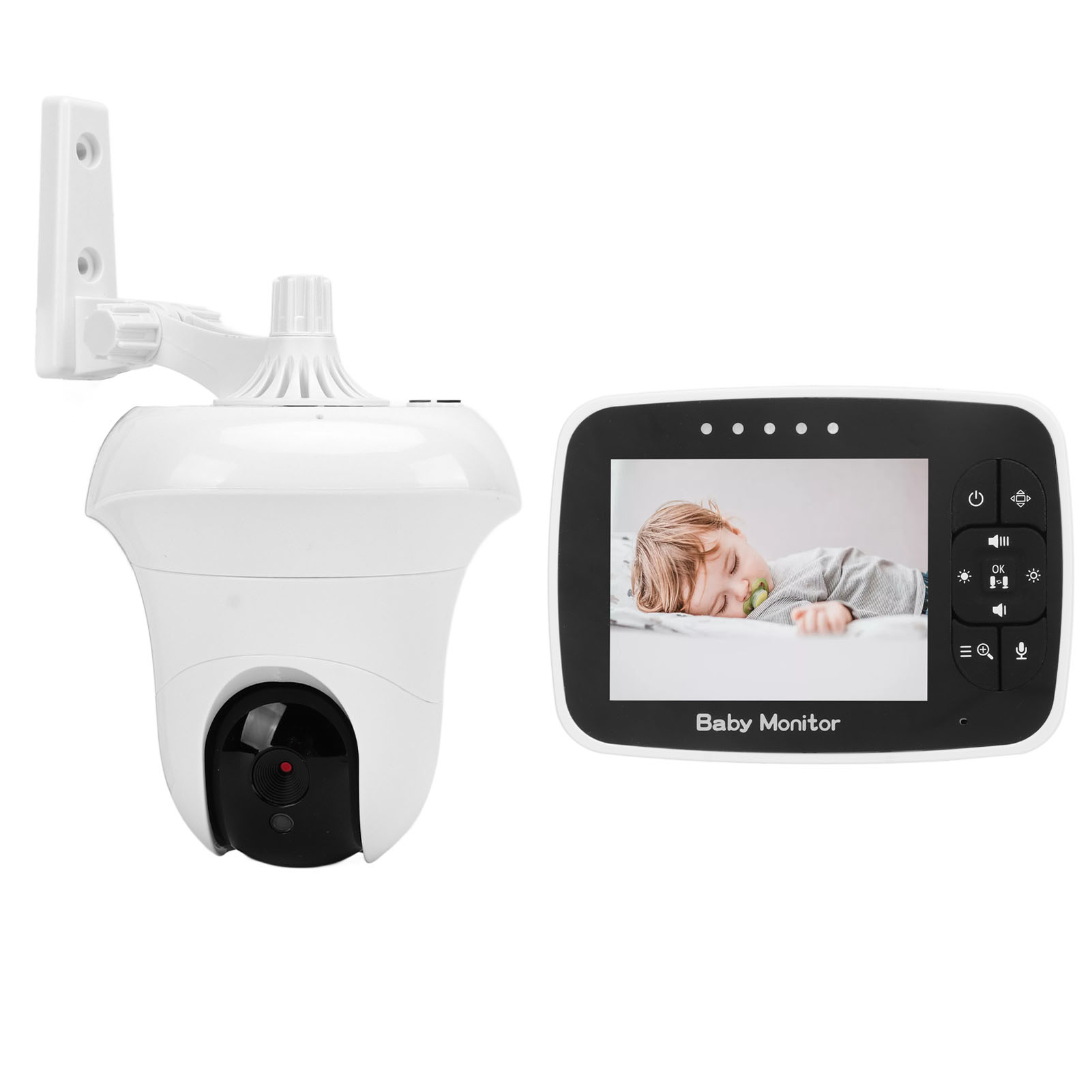 Ein Babyphone mit Kamera und Bildschirm. Der Bildschirm zeigt ein schlafendes Kind. Die Kamera ist weiß.
