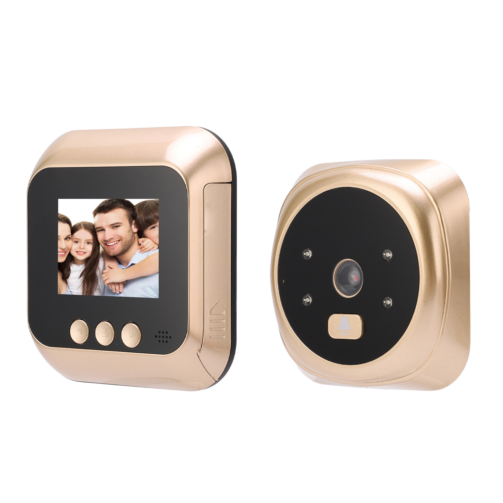 Eine goldene Türklingelkamera und ein Monitor. Der Monitor zeigt eine Familie. Die Kamera hat eine schwarze Mitte mit Kamera und Knopf.