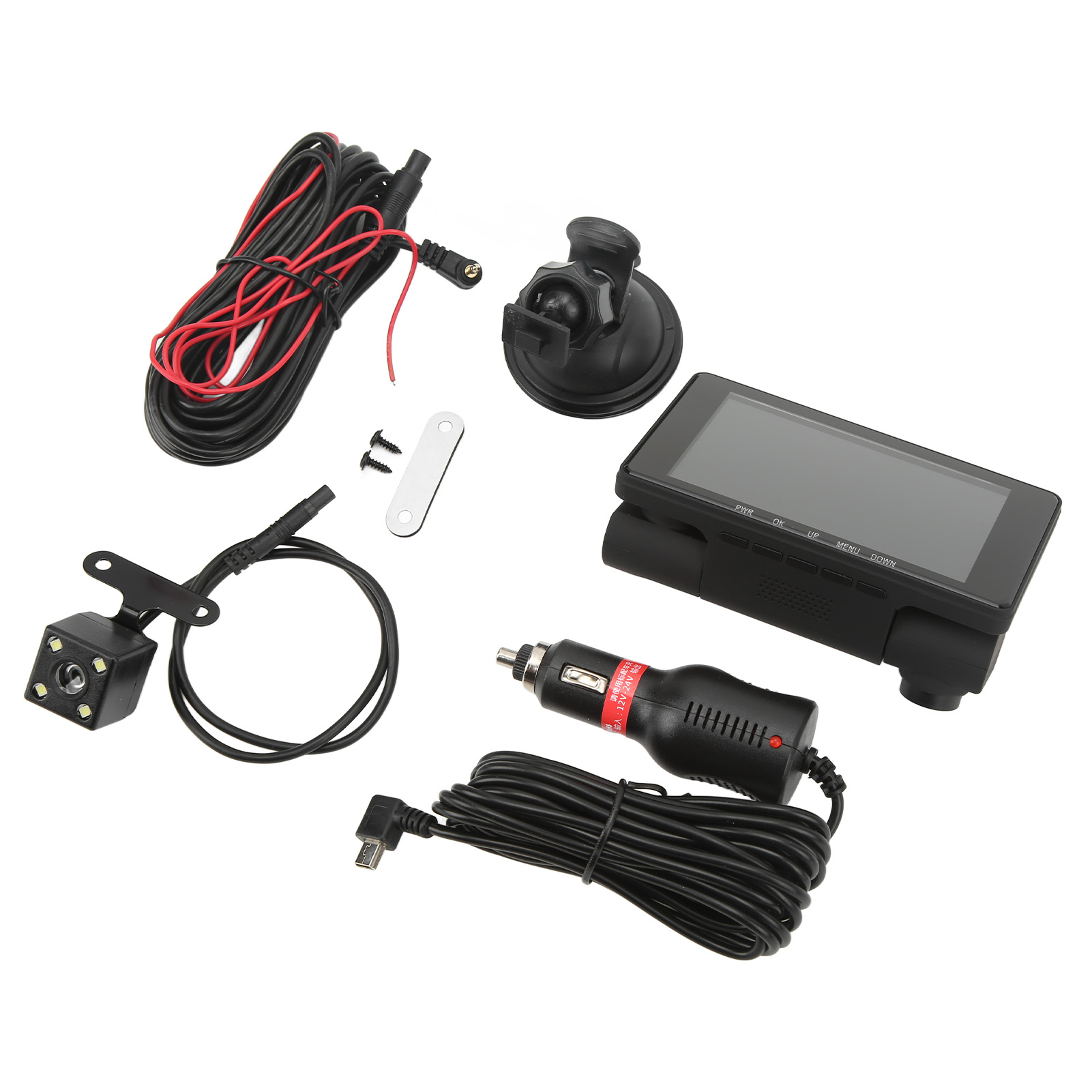 Ein Auto-Dashcam-Kit mit Kamera, Monitor, Stromkabeln und Montagezubehör auf weißem Hintergrund. Das Kit dient zur Aufzeichnung.