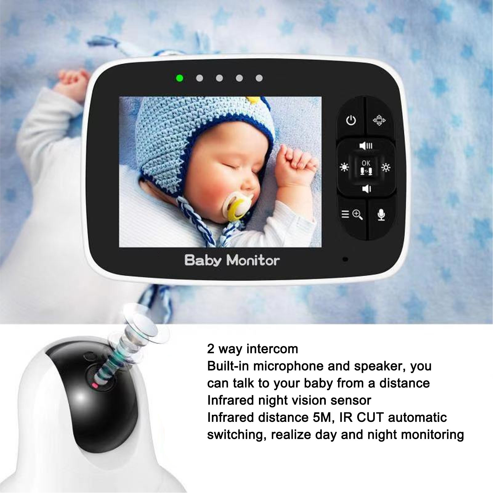 Babyphone mit schlafendem Baby mit blauem Hut. Unten eine Kamera mit ihren Funktionen.