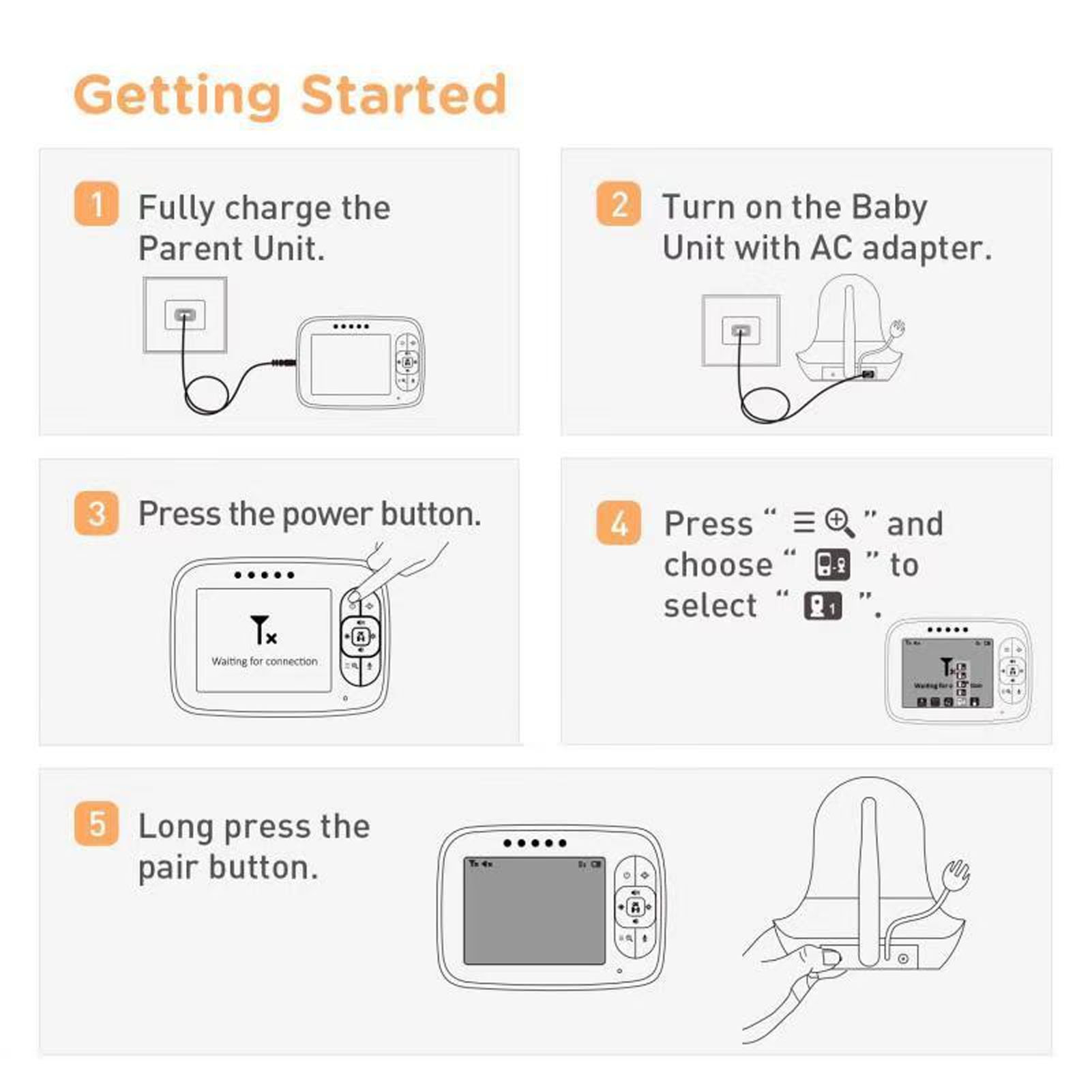 Anweisungen zeigen Laden, Einschalten und Drücken von Tasten an einem Babyphone. Enthält Eltern- und Babyeinheit.
