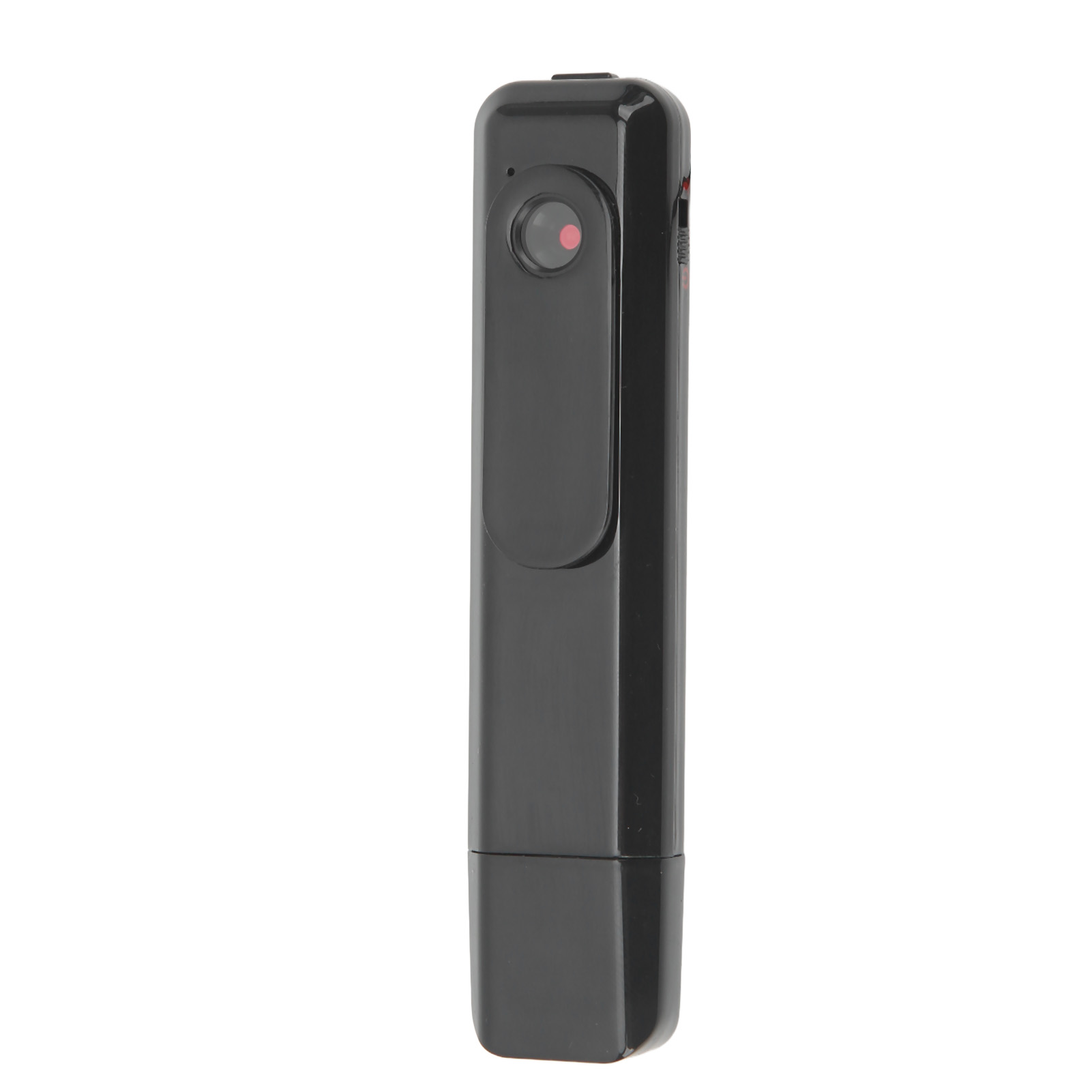 Eine schwarze, rechteckige Mini-Kamera mit Linse und Knopf. Sie ist vertikal vor weißem Hintergrund positioniert.