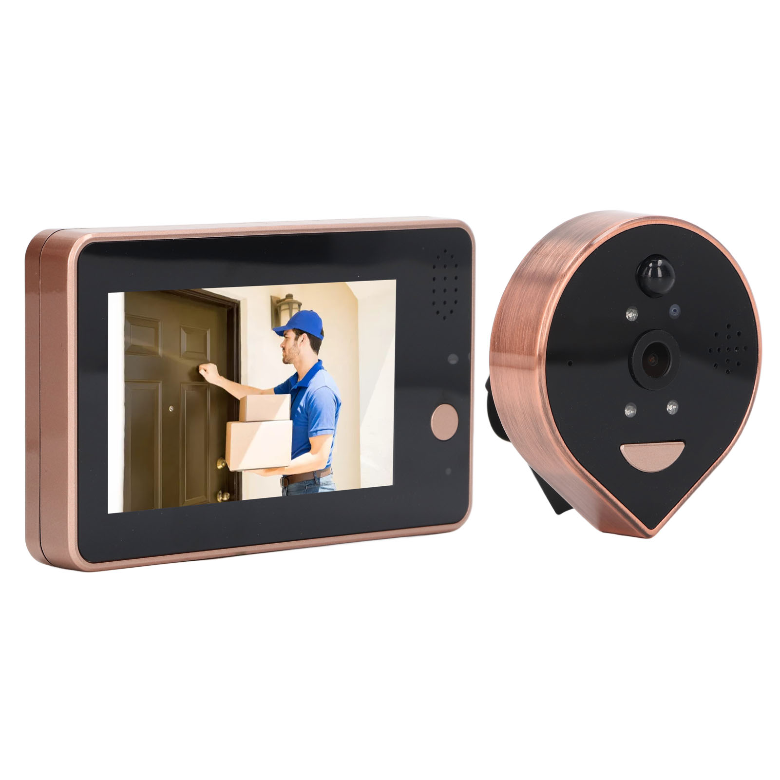 Türklingelkamera zeigt einen Liefermann mit Paketen an einer Tür. Das Gerät ist bronzefarben mit Bildschirm.