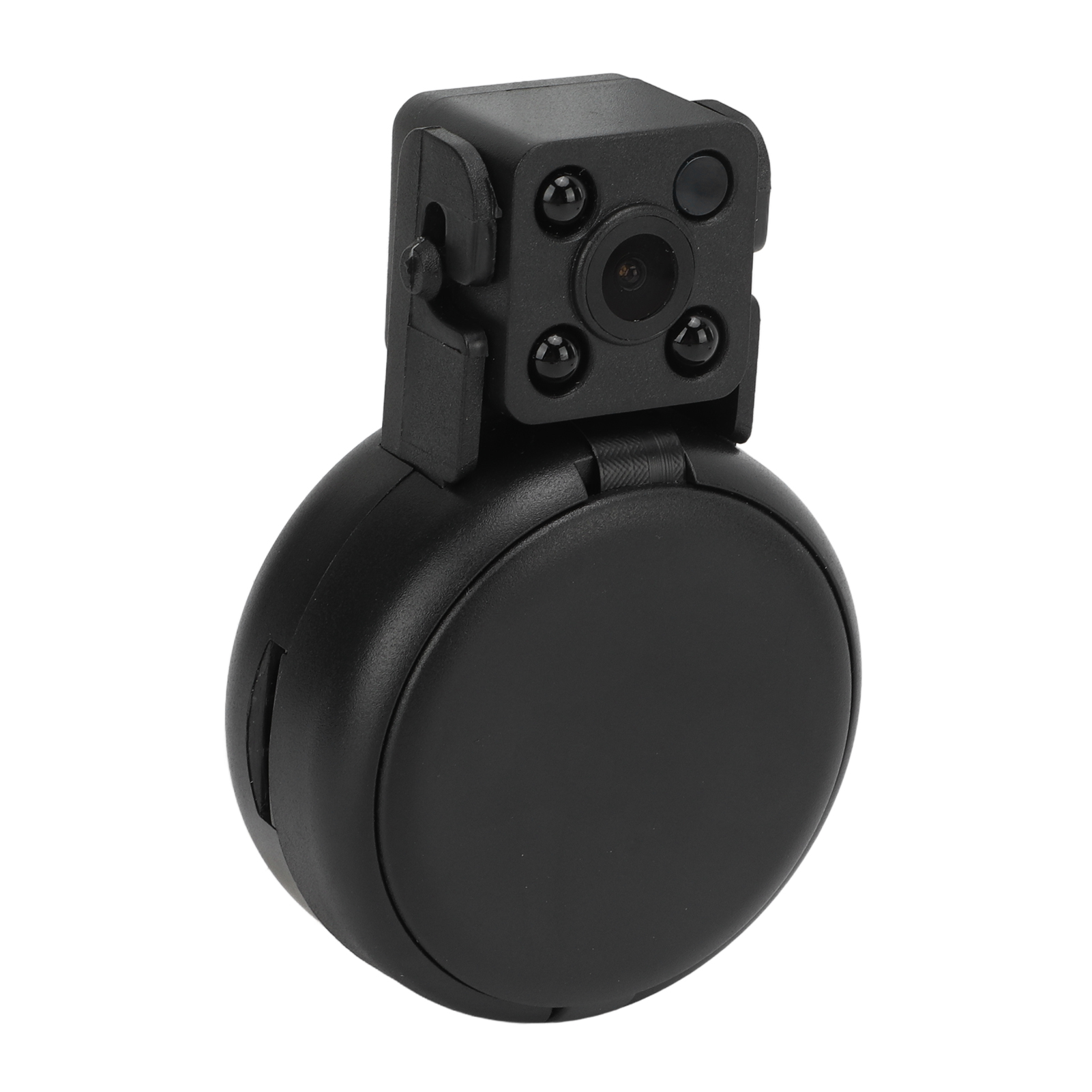 Eine schwarze Mini-Kamera mit kreisförmiger Basis und quadratischem Oberteil mit Objektiv und Knöpfen.