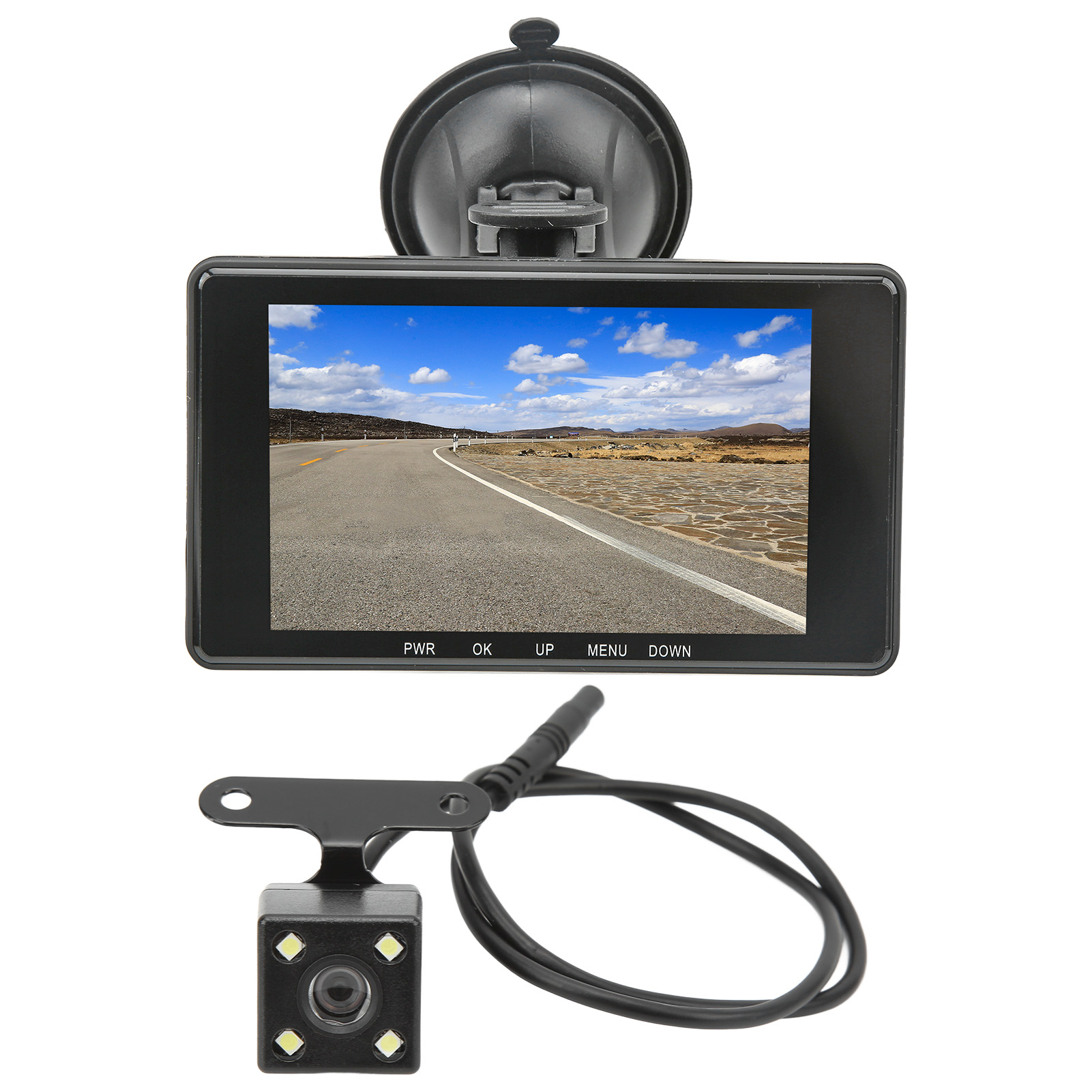 Eine Auto-Dashcam mit einem Bildschirm, der eine Straßenszene unter blauem Himmel zeigt. Eine Rückfahrkamera und ein Kabel sind ebenfalls abgebildet.