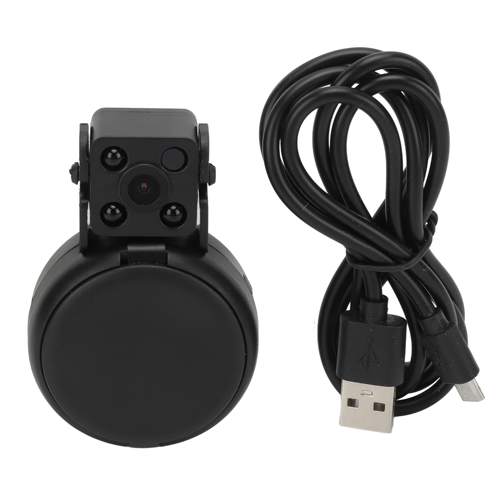 Eine schwarze Mini-Kamera mit USB-Kabel liegt auf weißem Untergrund. Die Kamera hat einen runden Sockel und einen quadratischen Kamerakopf.