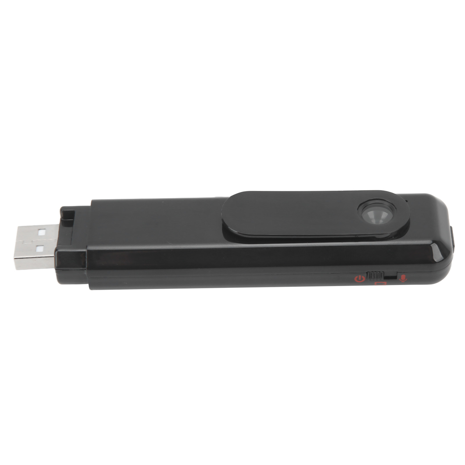 Eine schwarze USB-Kamera vor weißem Hintergrund. Die Kamera hat ein Objektiv, einen Ein-Aus-Schalter und ein Mikrofonsymbol.