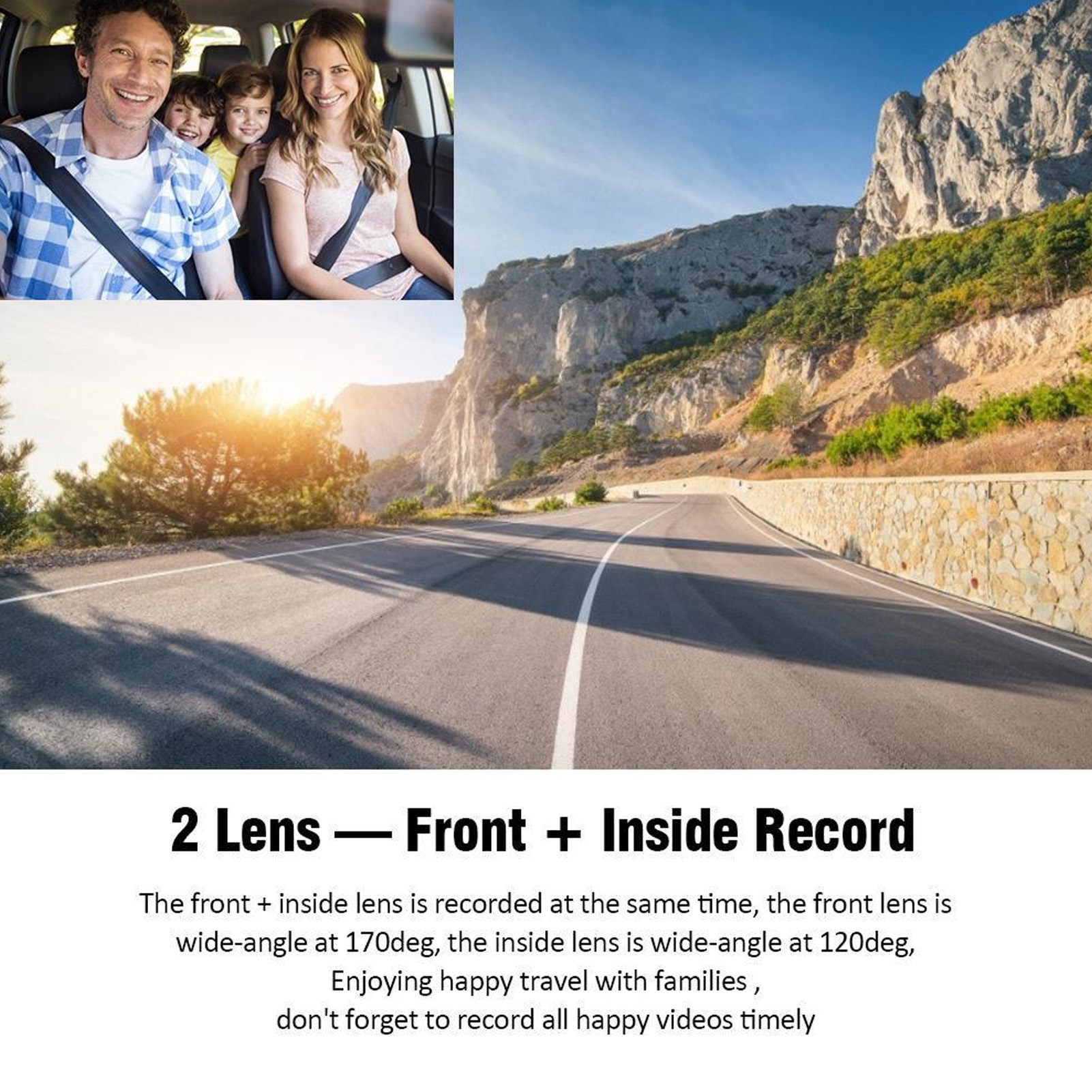 Eine Familie fährt in einem Auto auf einer Straße entlang eines Berges. Der Text erwähnt Dual-Lens-Aufnahme für Reisevideos.