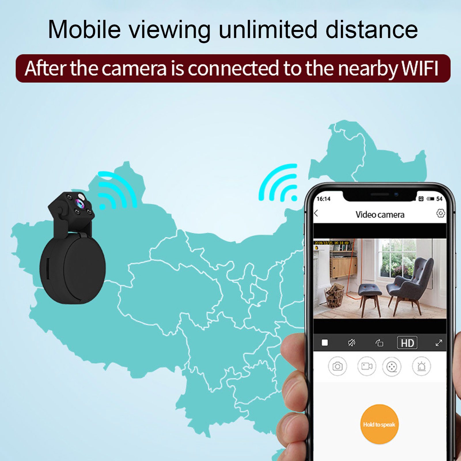 Ein Telefon zeigt ein Video-Kamera-Feed. Eine kleine schwarze Kamera und eine Karte von China sind im Hintergrund.