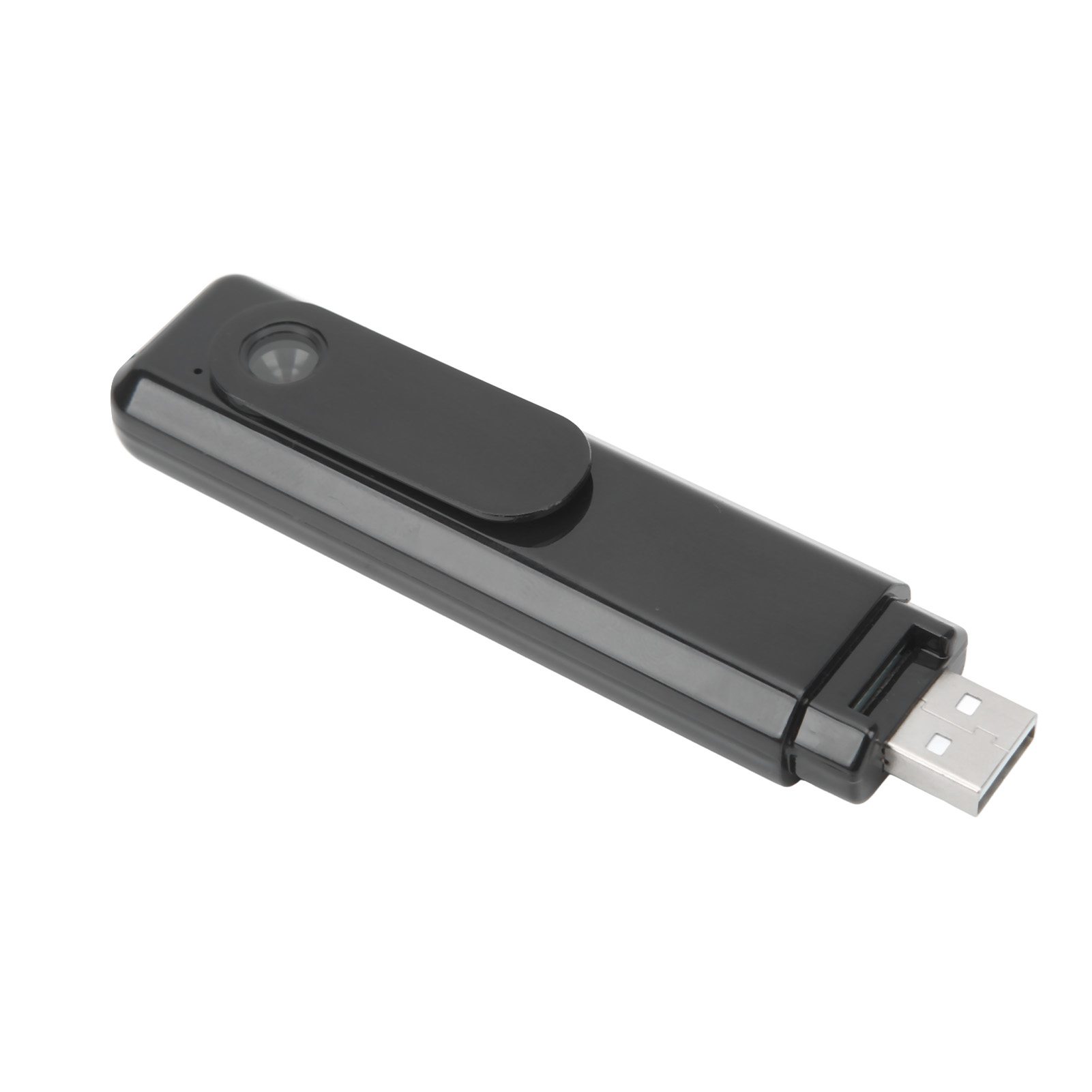 Ein schwarzer USB-Stick mit Clip und Kameralinse auf weißem Hintergrund.
