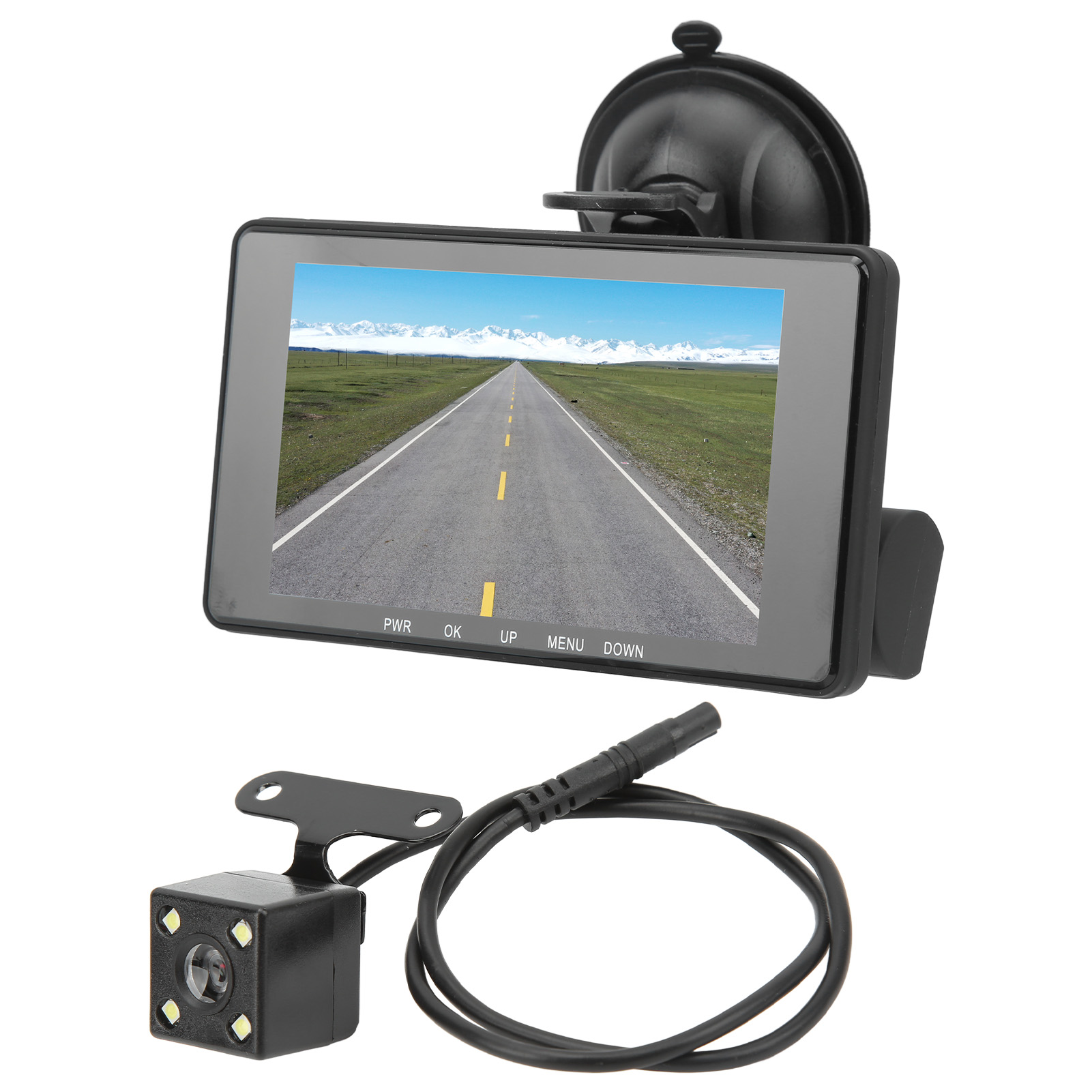 Rückfahrkamera und Monitor, die eine Straße mit Bergen in der Ferne zeigen. Die Kamera ist schwarz, mit einem Kabel.