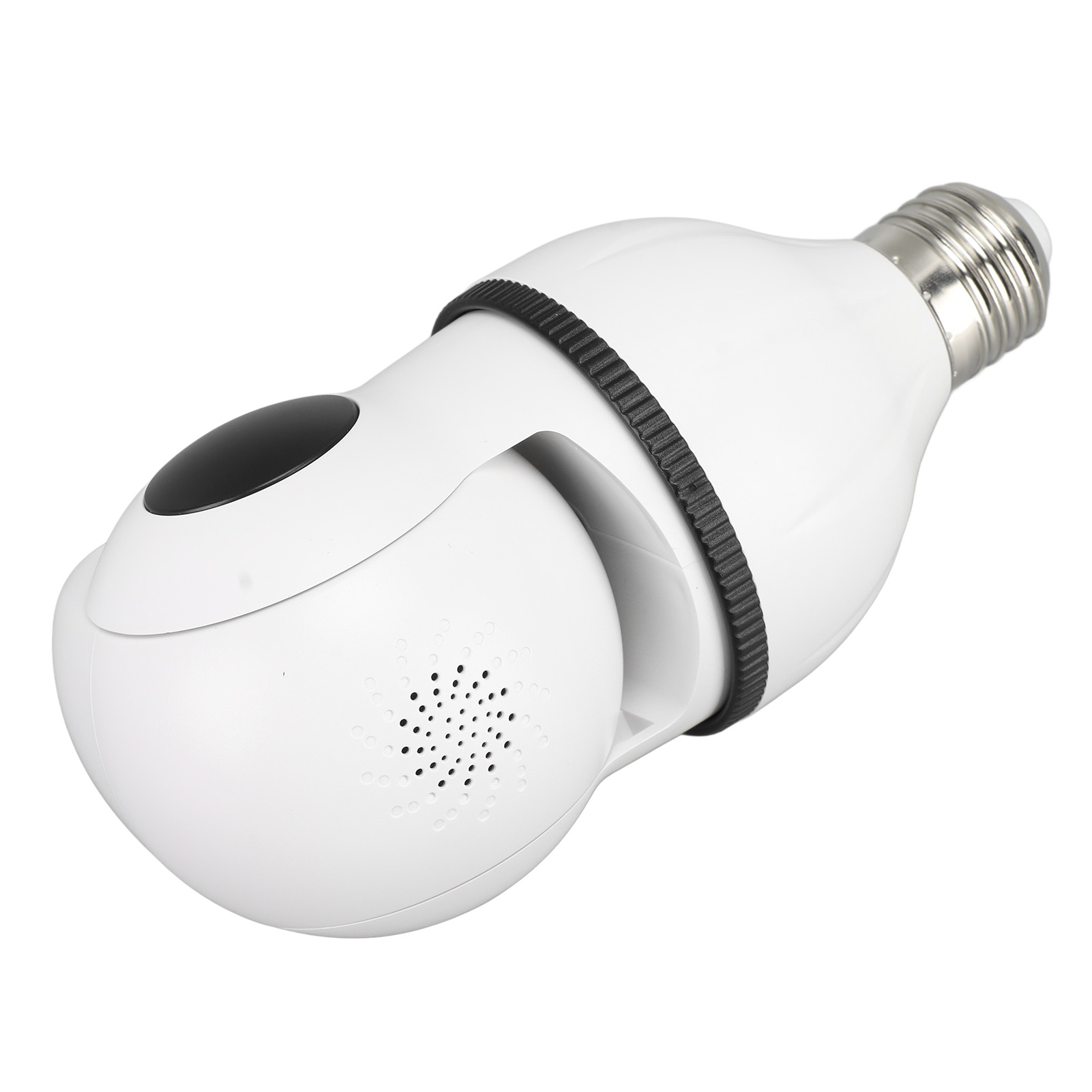 Eine weiße Überwachungskamera in Form einer Glühbirne, mit einem schwarzen Band und einem schwarzen Sensor. Der Sockel ist silberfarben.