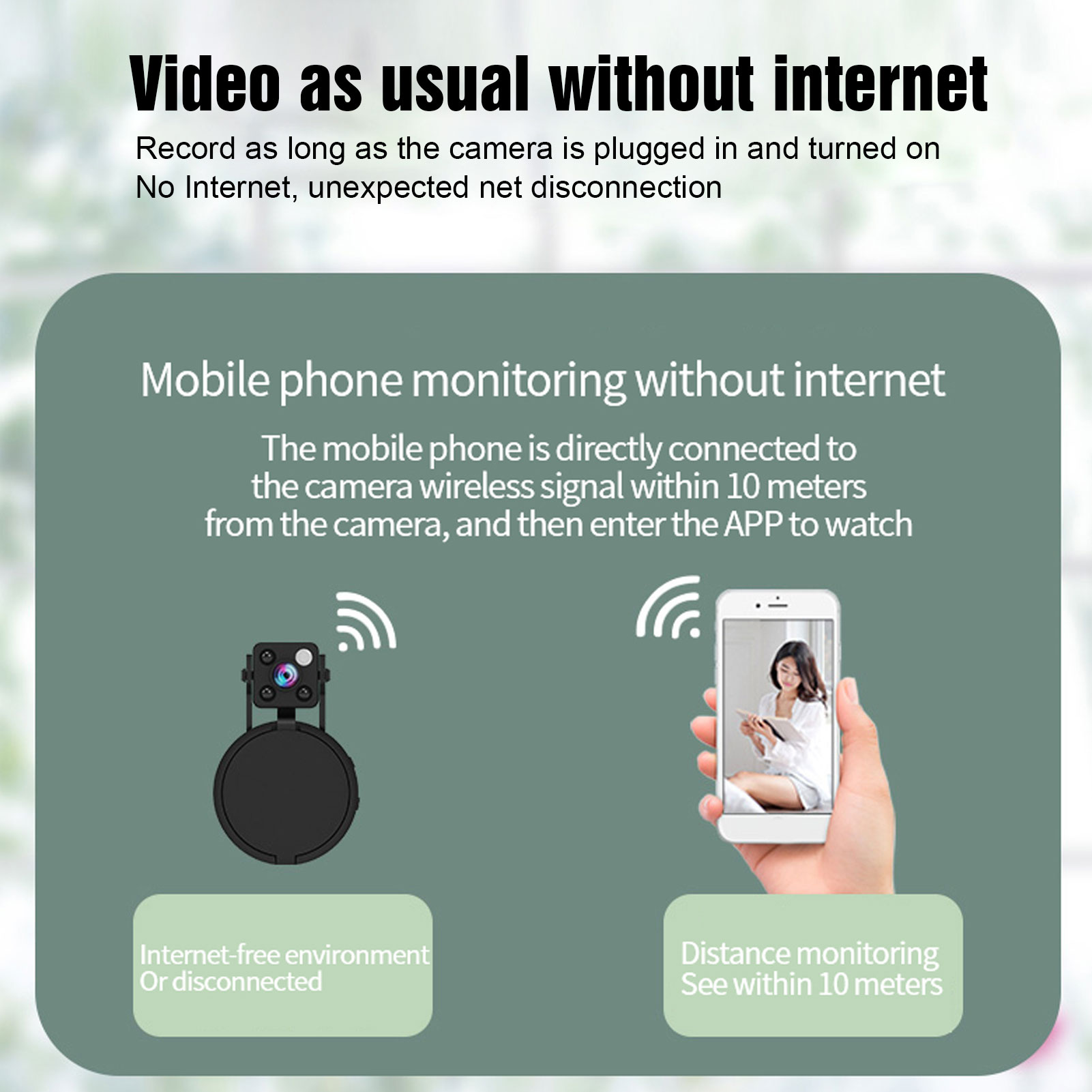 Diagramm, das eine Kamera zeigt, die sich drahtlos mit einem Telefon verbindet. Text erklärt, wie man ohne Internet innerhalb von 10 Metern überwacht.