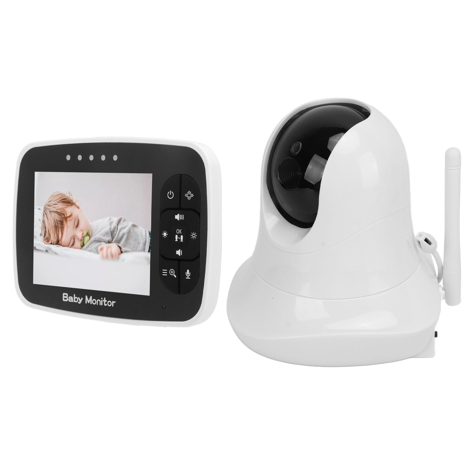 Ein Babyphone zeigt ein schlafendes Baby. Rechts befindet sich eine separate weiße Kameraeinheit. Der Monitor hat Knöpfe.