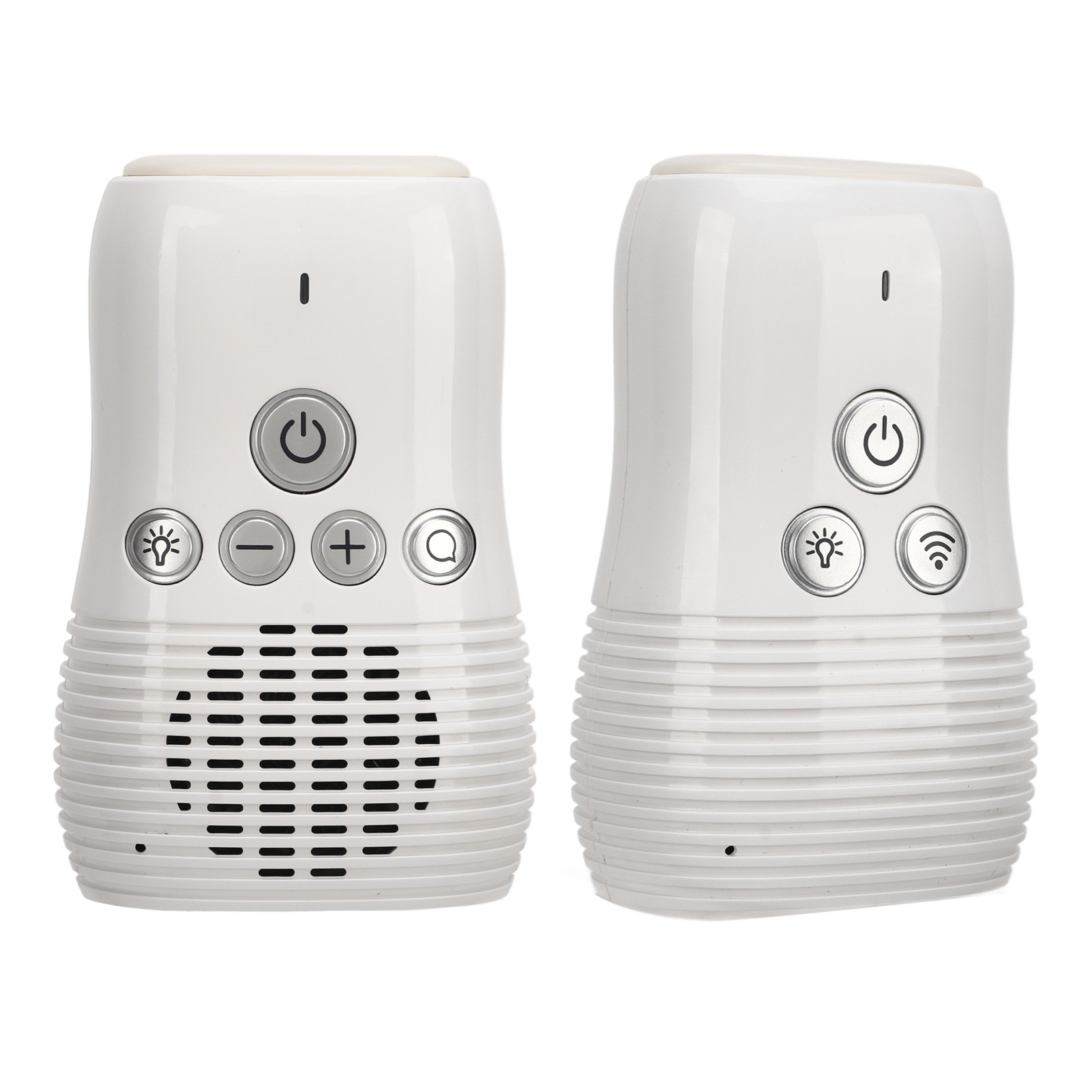 Zwei weiße Geräte. Jedes hat Tasten für Ein/Aus, Licht und Lautstärke. Eines hat eine Lupe, das andere WLAN.