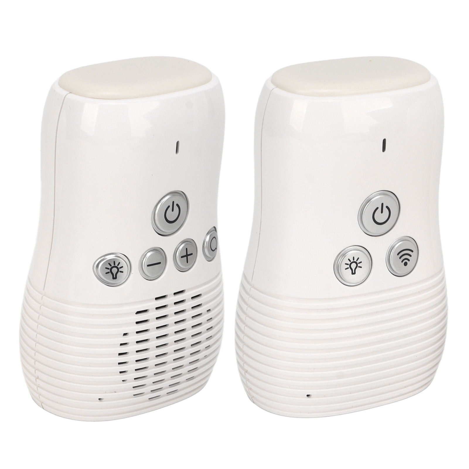 Zwei weiße Babyphone. Jedes hat Knöpfe für Ein/Aus, Licht, Plus/Minus-Lautstärke und einen Lautsprechergrill.