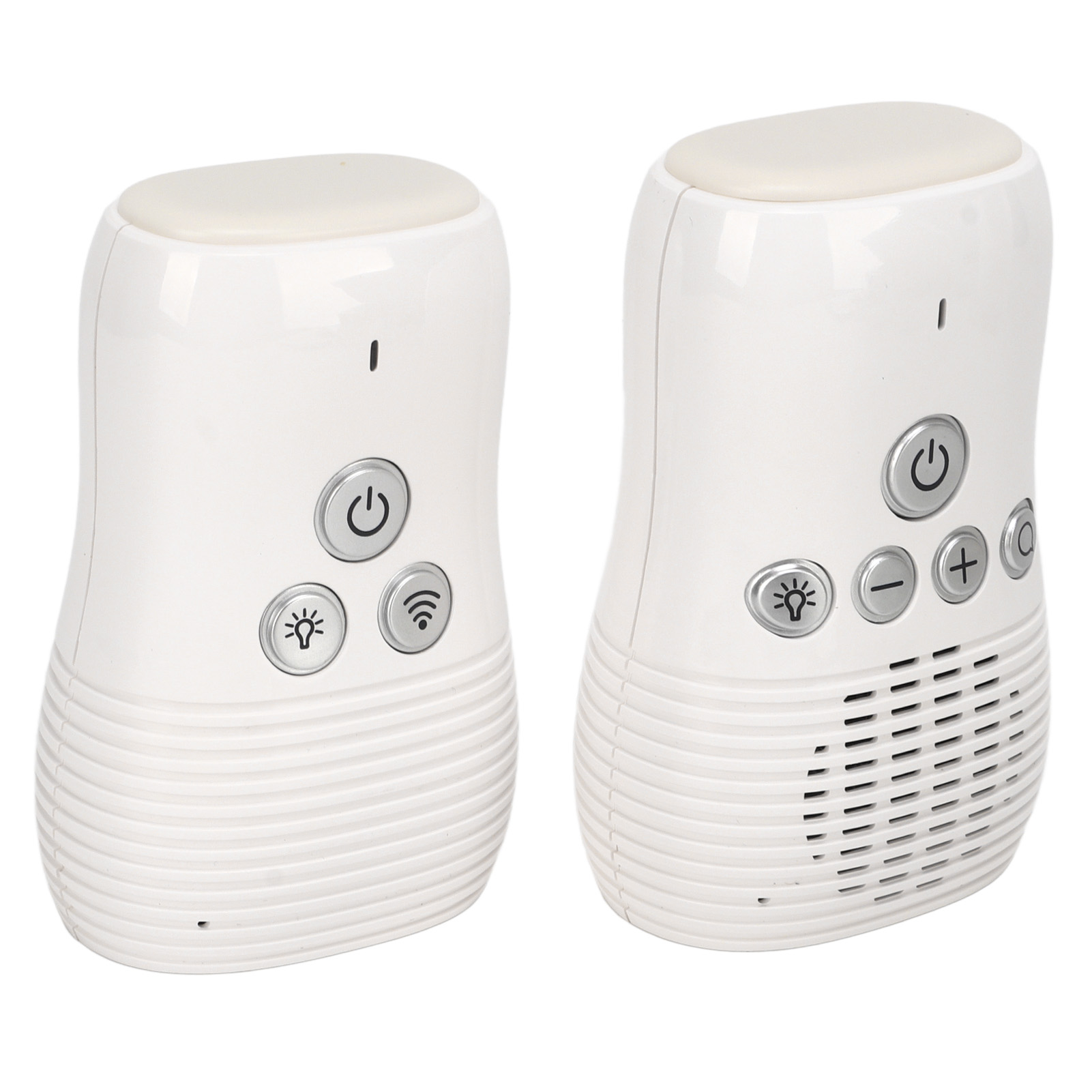 Zwei weiße Babyphone. Jedes hat eine Einschalttaste, Funktionstasten und Kontrollleuchten. Eines hat ein Lautsprechergitter.