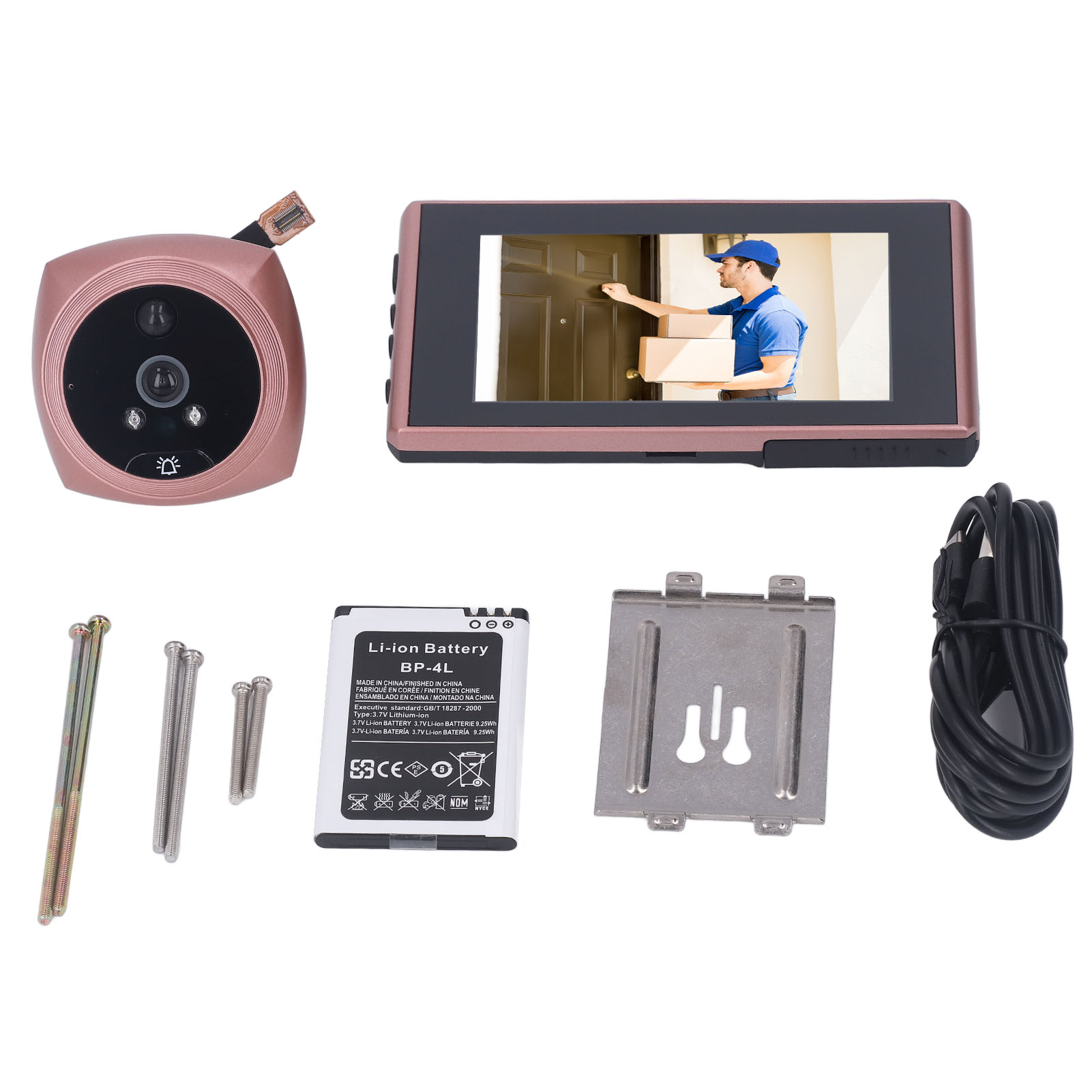 Ein Türklingelkamera-Kit. Enthält Kamera, Bildschirm mit Zusteller, Batterie, Schrauben, Halterung und ein schwarzes Kabel.
