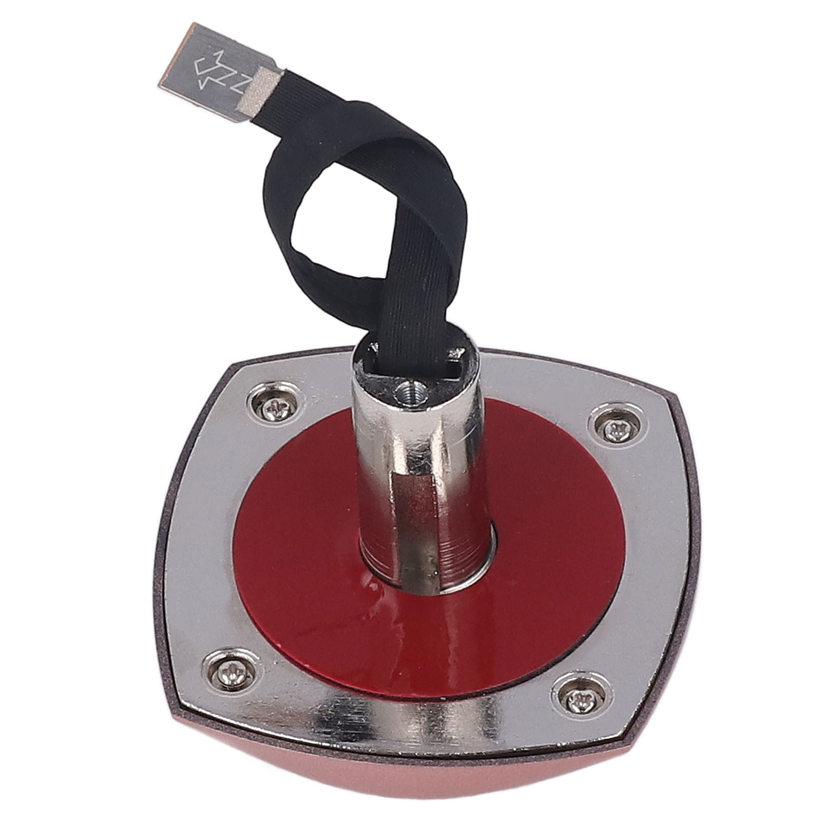 Ein metallisches Gerät mit roter Basis und schwarzem Riemen. Es hat eine silberne Oberseite und einen kleinen Anschluss.