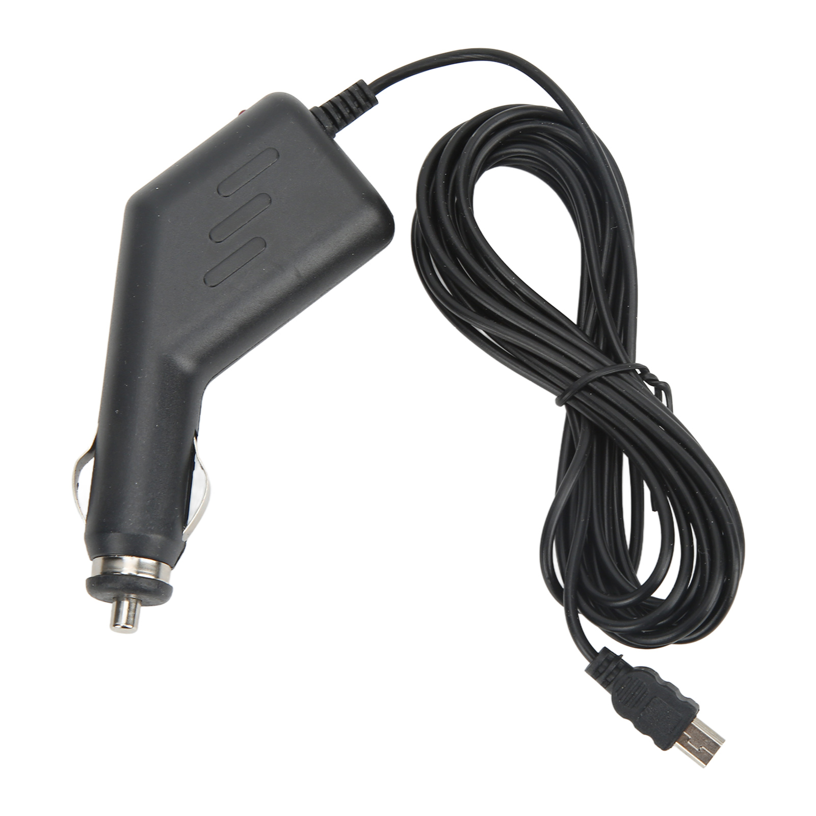 Schwarzes Autoladegerät mit langem Kabel und USB-Anschluss, isoliert auf weißem Hintergrund.