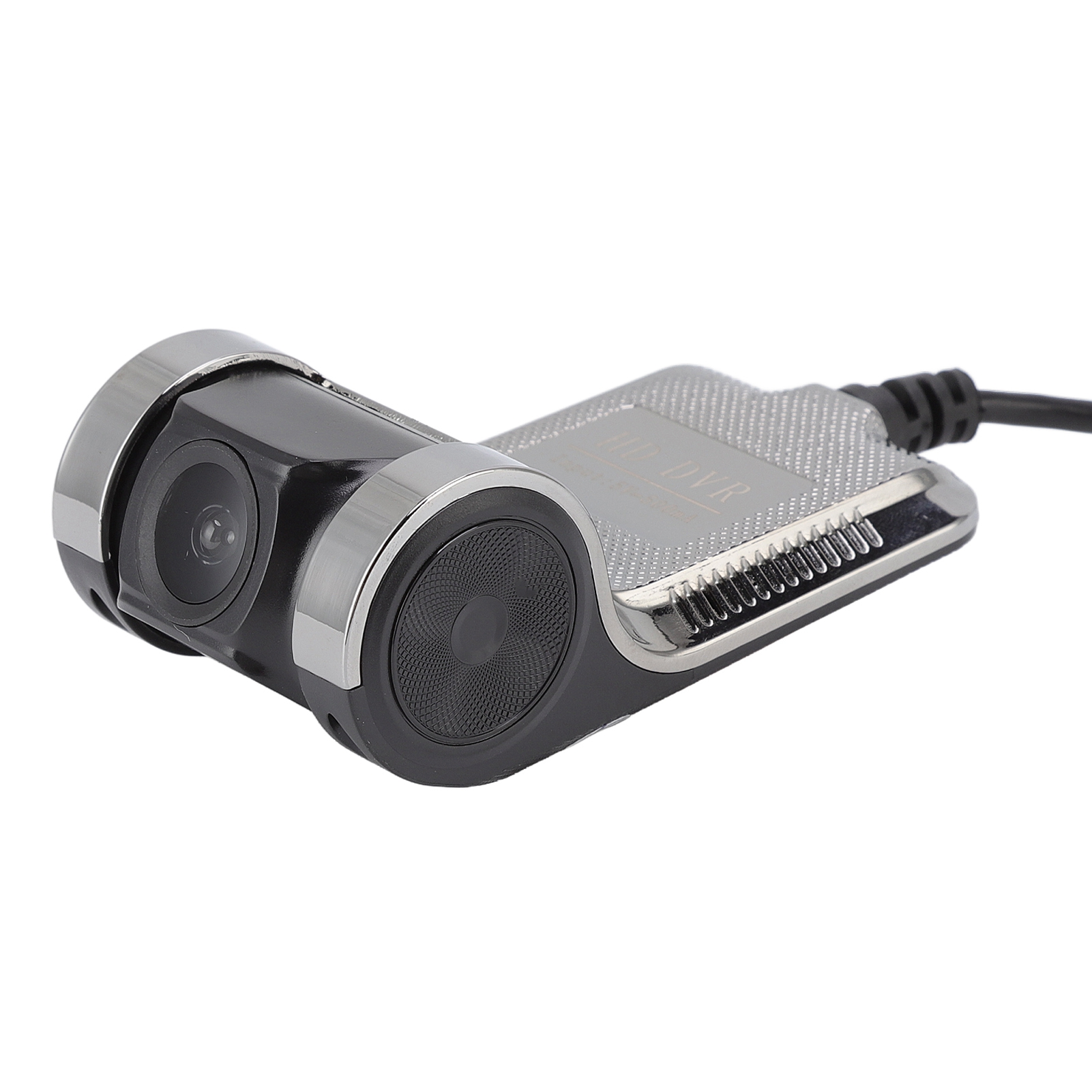 Eine schwarze und silberne HD-DVR-Kamera mit einem Objektiv und einem Lautsprecher sowie einem angeschlossenen Kabel. Es ist vor weißem Hintergrund.