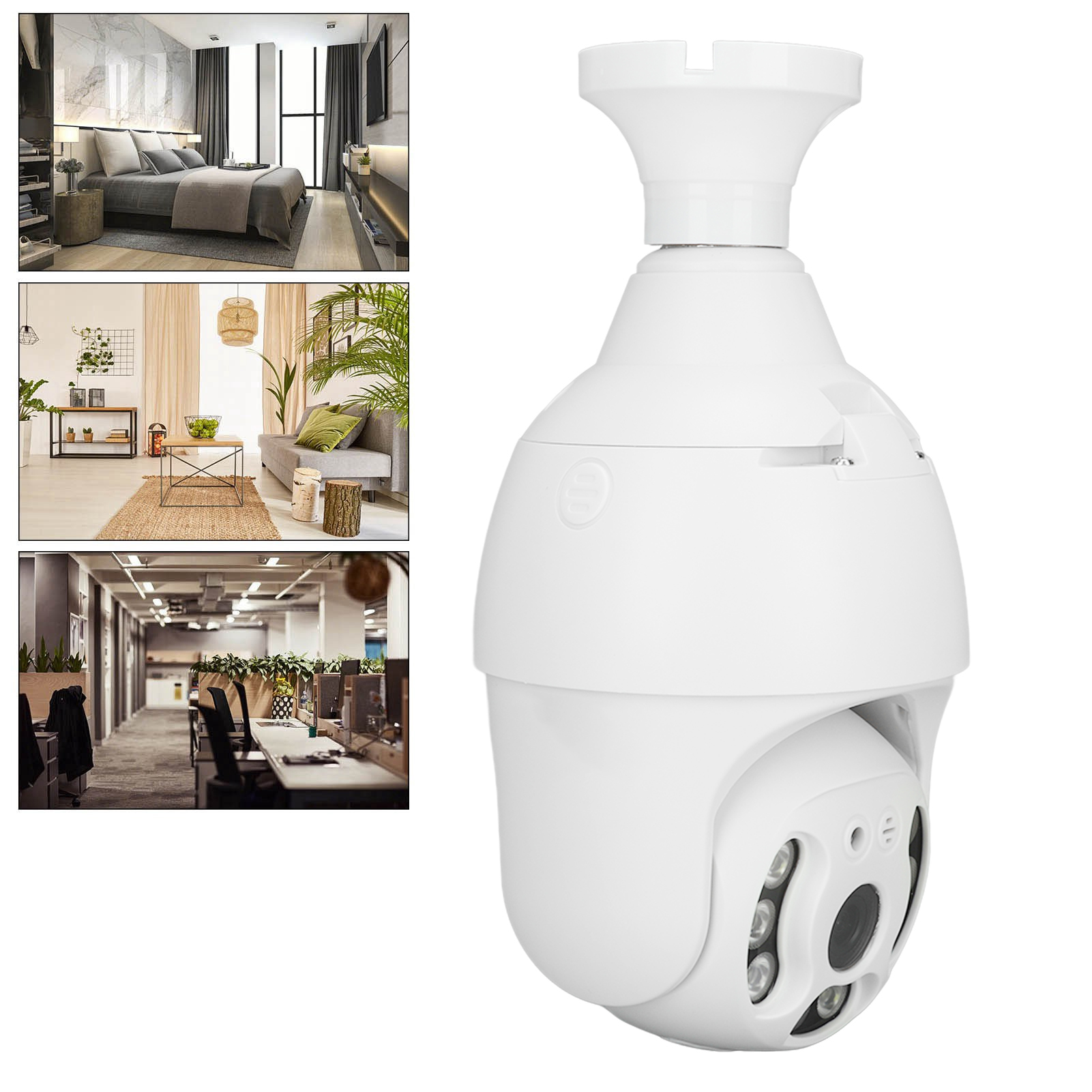 Eine weiße Überwachungskamera mit rundem Körper und einer Reihe von Linsen. Der Hintergrund zeigt Räume mit Möbeln.
