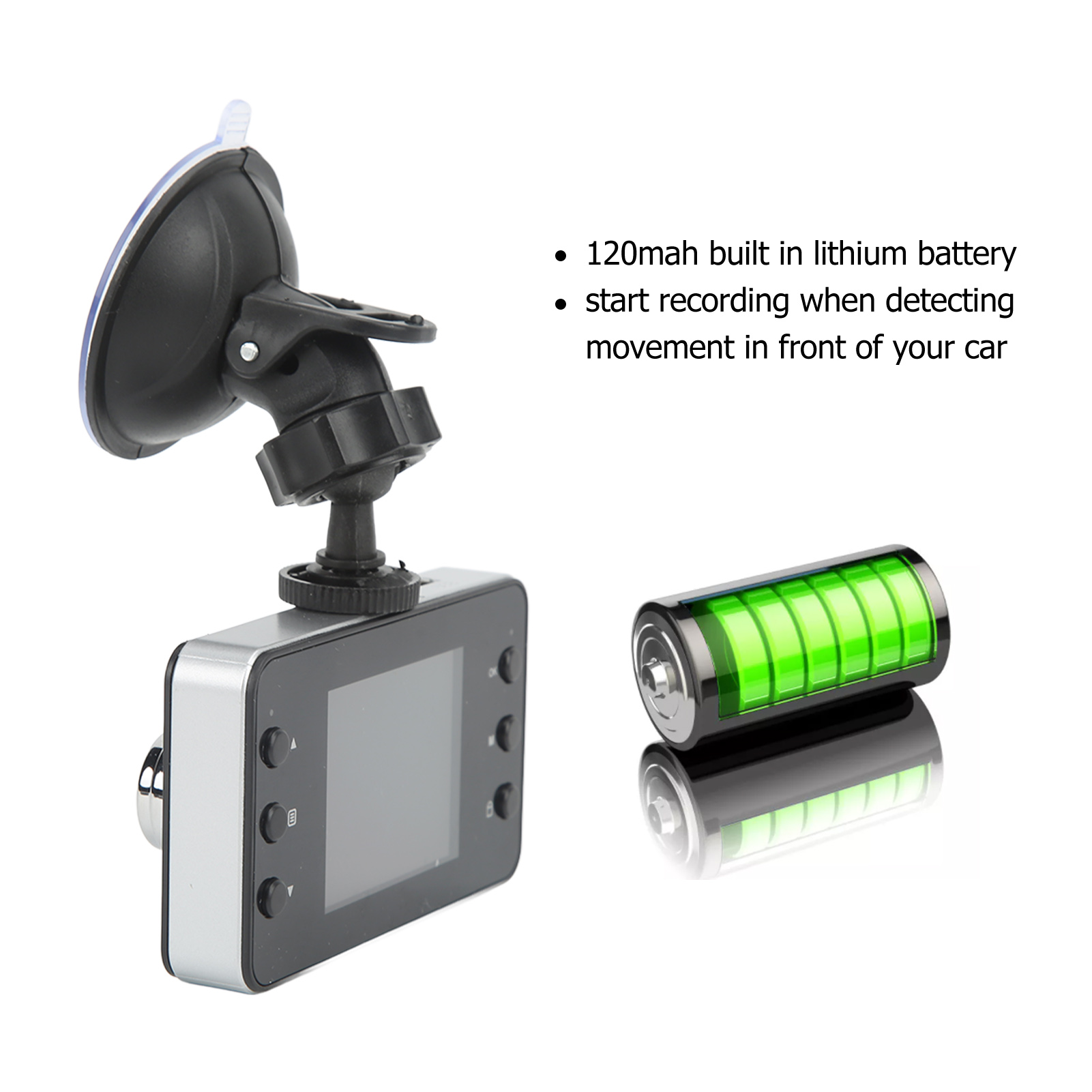 Ein Auto-Dashcam mit Saugnapf, ein Akkusymbol mit voller Ladung und beschreibender Text auf weißem Hintergrund.