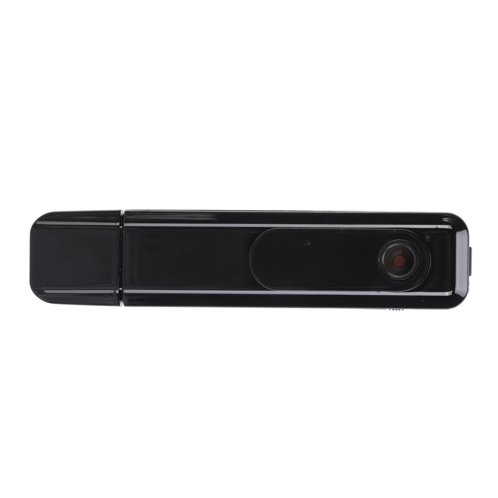 Eine schwarze Digitalkamera mit Objektiv und USB-Anschluss. Sie befindet sich auf weißem Hintergrund.