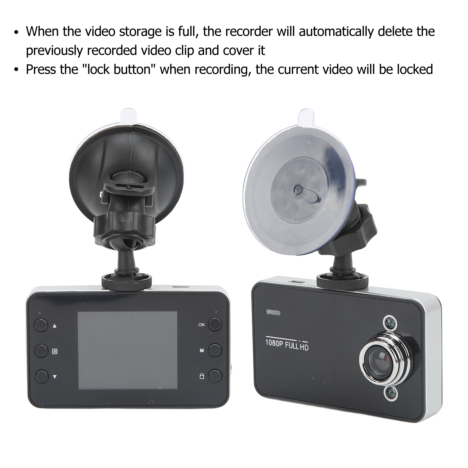 Zwei schwarze Dashcams mit Saugnäpfen. Eine hat Knöpfe und einen Bildschirm, die andere ein Objektiv.