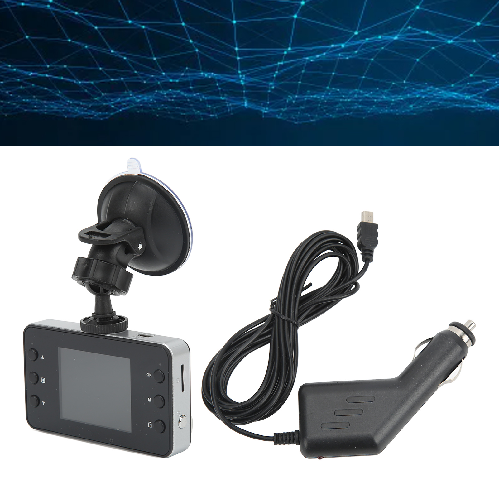 Eine Dashcam mit Saugnapfhalterung, Netzkabel und Autoladegerät wird auf weißem Hintergrund angezeigt.