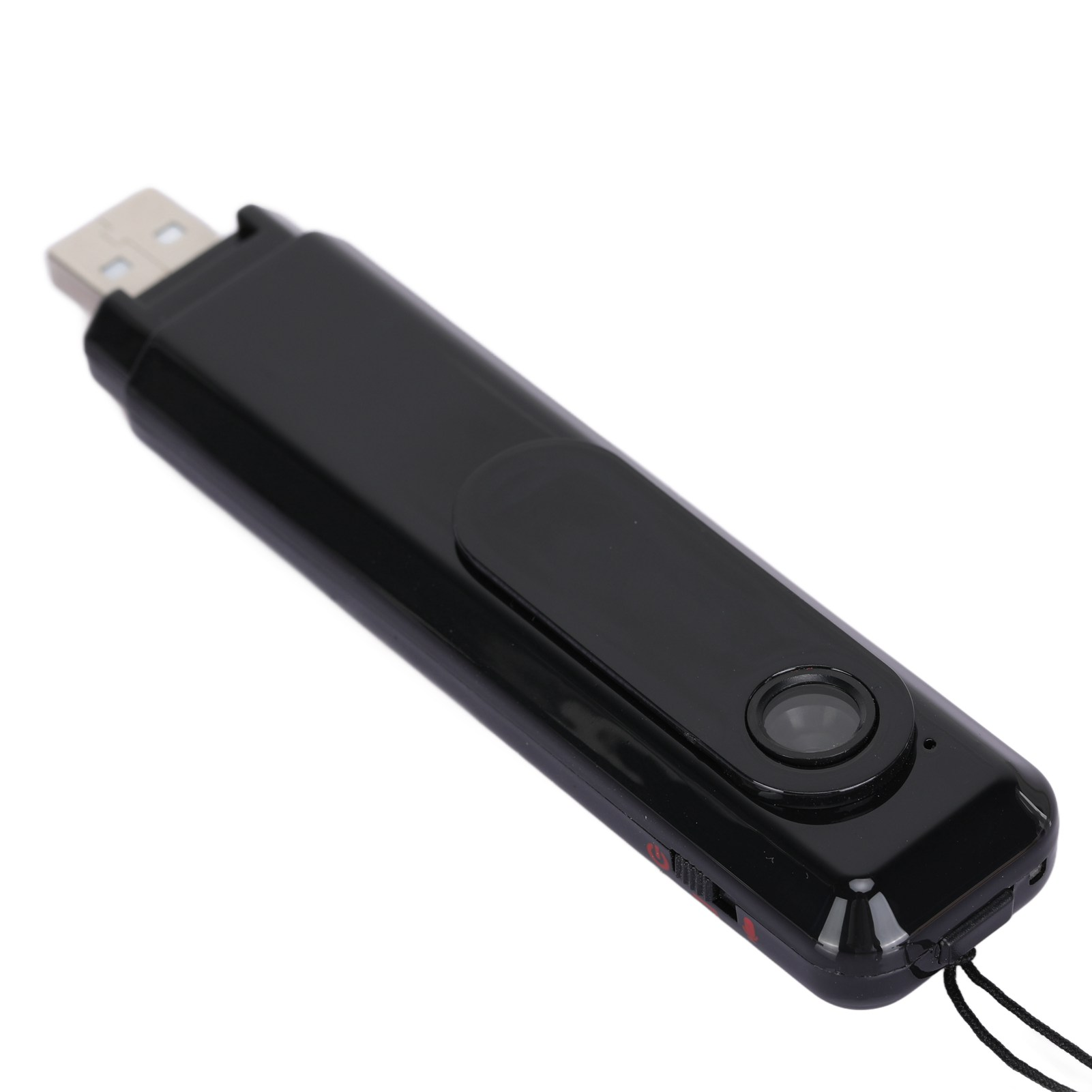 Ein schwarzer USB-Stick mit eingebauter Kamera. Er hat einen USB-Anschluss, ein Objektiv und ein Lanyard-Loch. Isoliert auf Weiß.