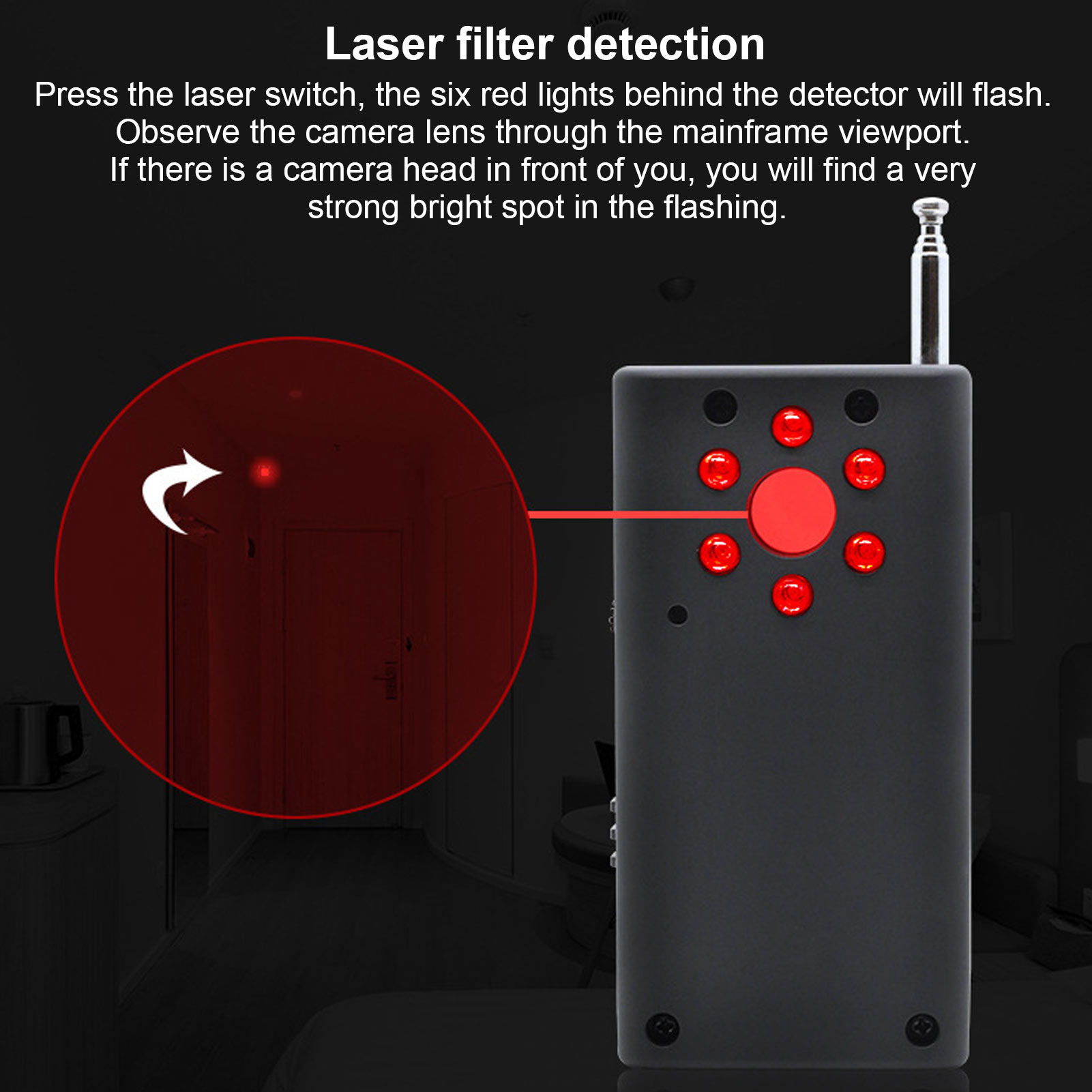 Schwarzes Gerät mit roten Lichtern, ein roter Kreis mit Türreflexion und Text zur Laserfiltererkennung.