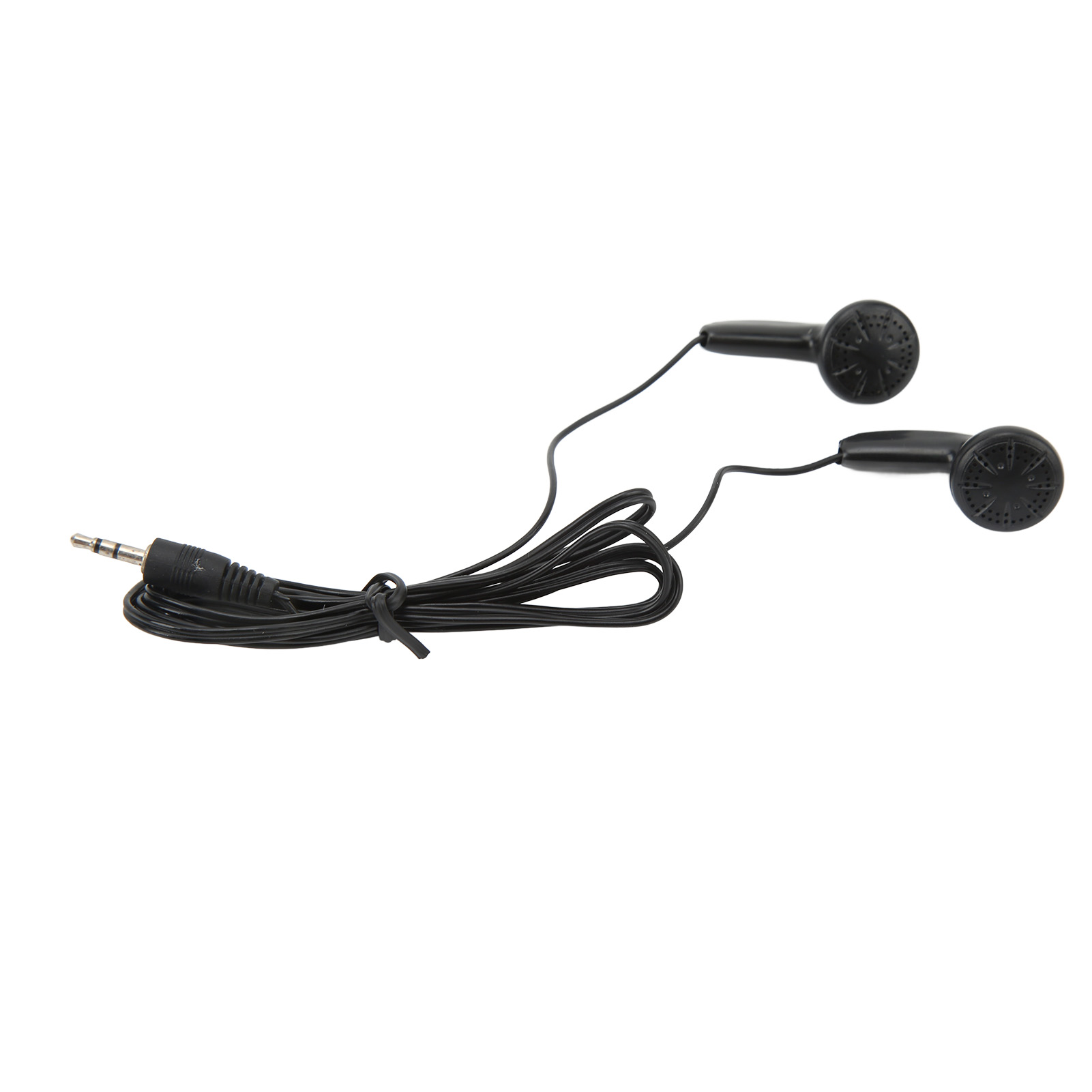 Schwarze Ohrhörer mit 3,5-mm-Klinke. Das Kabel ist schwarz und geknotet. Der Hintergrund ist weiß.