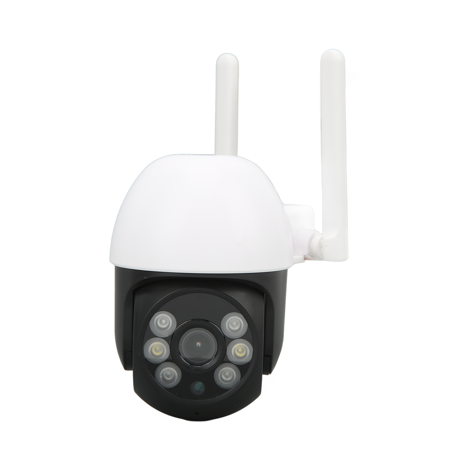 Eine weiße und schwarze Überwachungskamera mit zwei Antennen. Die Kamera hat ein Objektiv und LED-Leuchten.