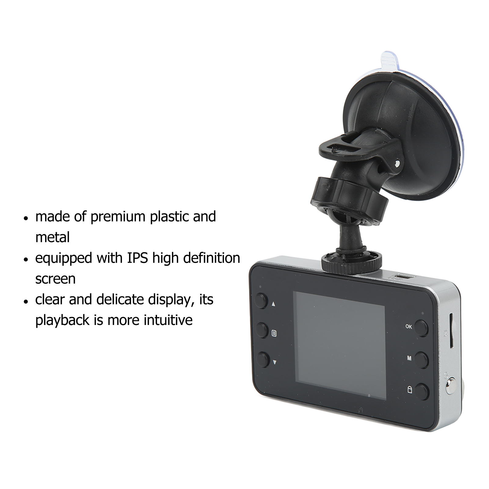 Eine Dashcam, schwarzer Bildschirm, silberner Rahmen, Knöpfe, Saugnapfhalterung. Die Dashcam besteht aus Kunststoff und Metall mit einem klaren Display.